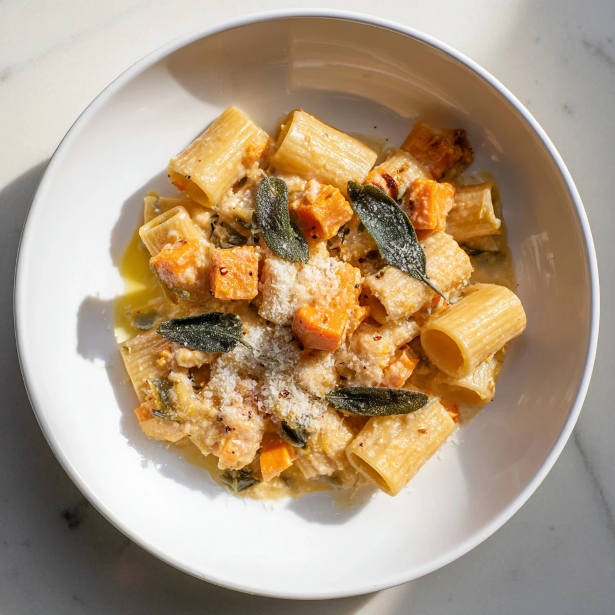 Warm, flavorful sweet potato goat cheese sage pasta, topped with crispy sage and parmesan.