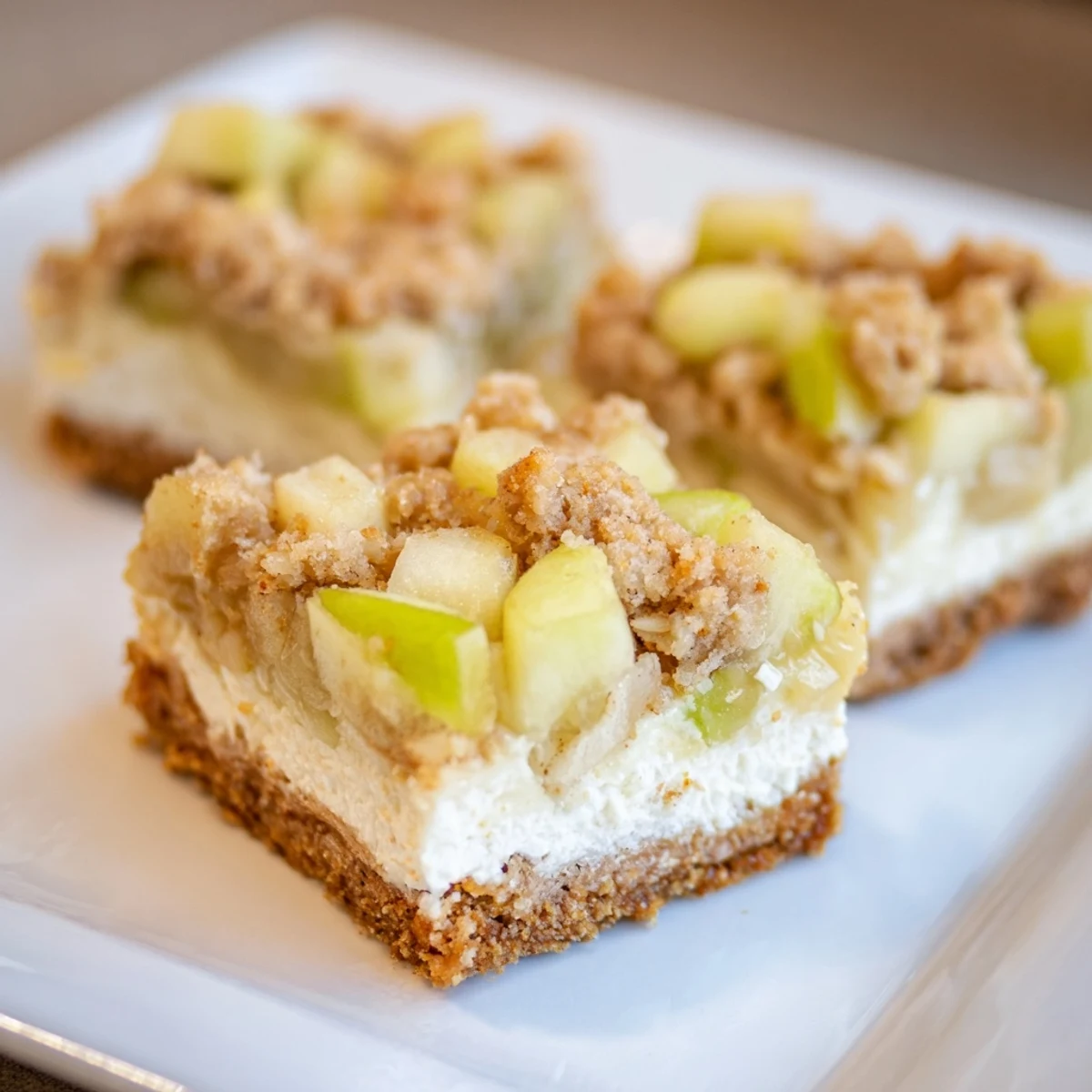 Warmly spiced Apple Crisp Cheesecake Bars, a delicious dessert with a golden oat topping.