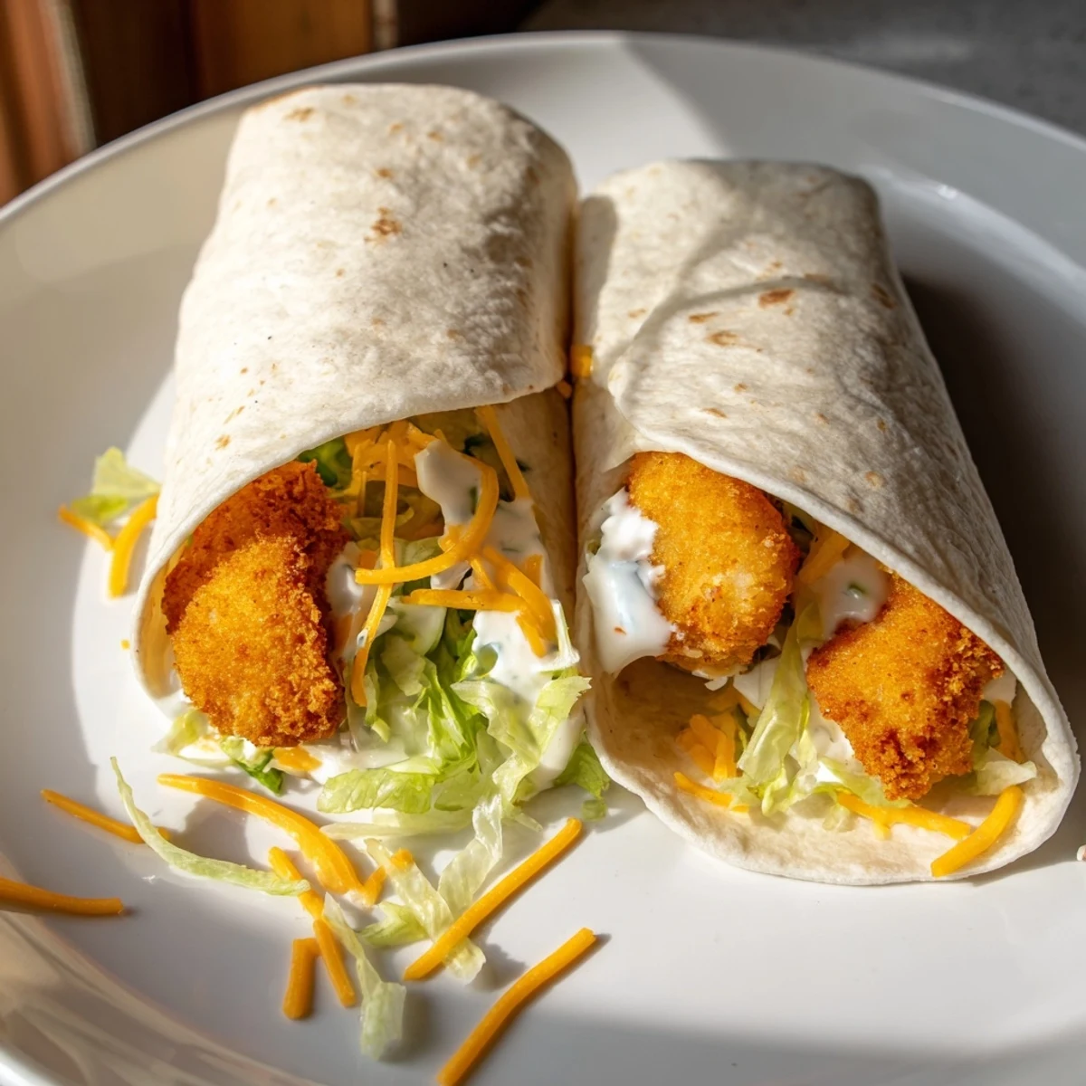 Golden, crispy chicken ranch snack wrap with melted cheddar and fresh, vibrant lettuce filling a tortilla.