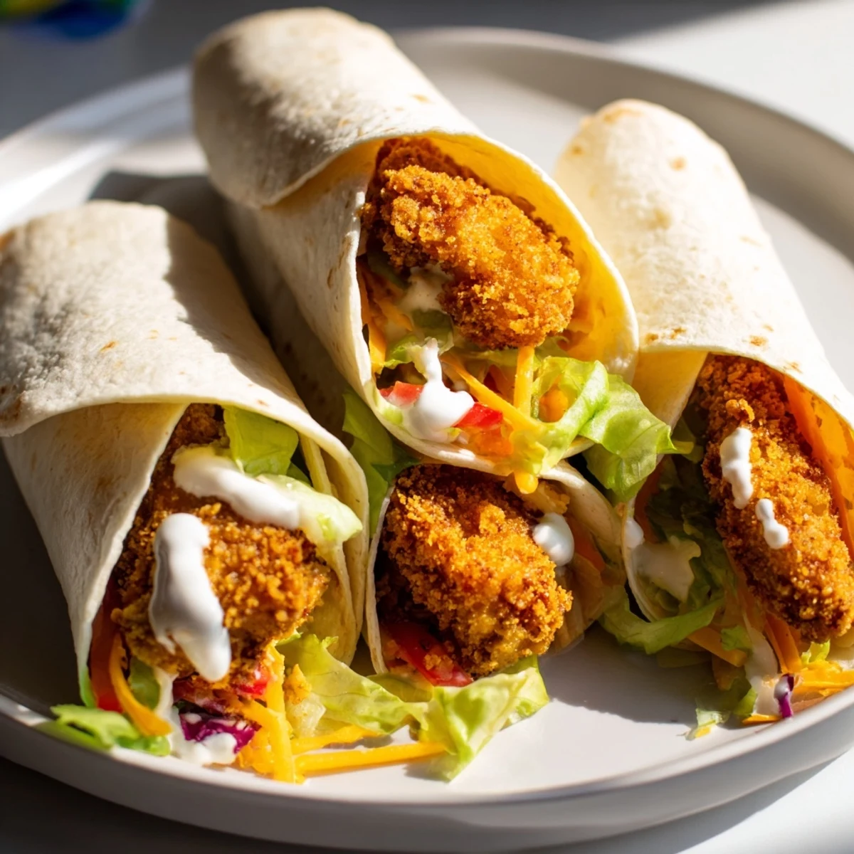A close-up of a delicious crispy chicken ranch snack wrap, oozing creamy ranch dressing on a wooden board.