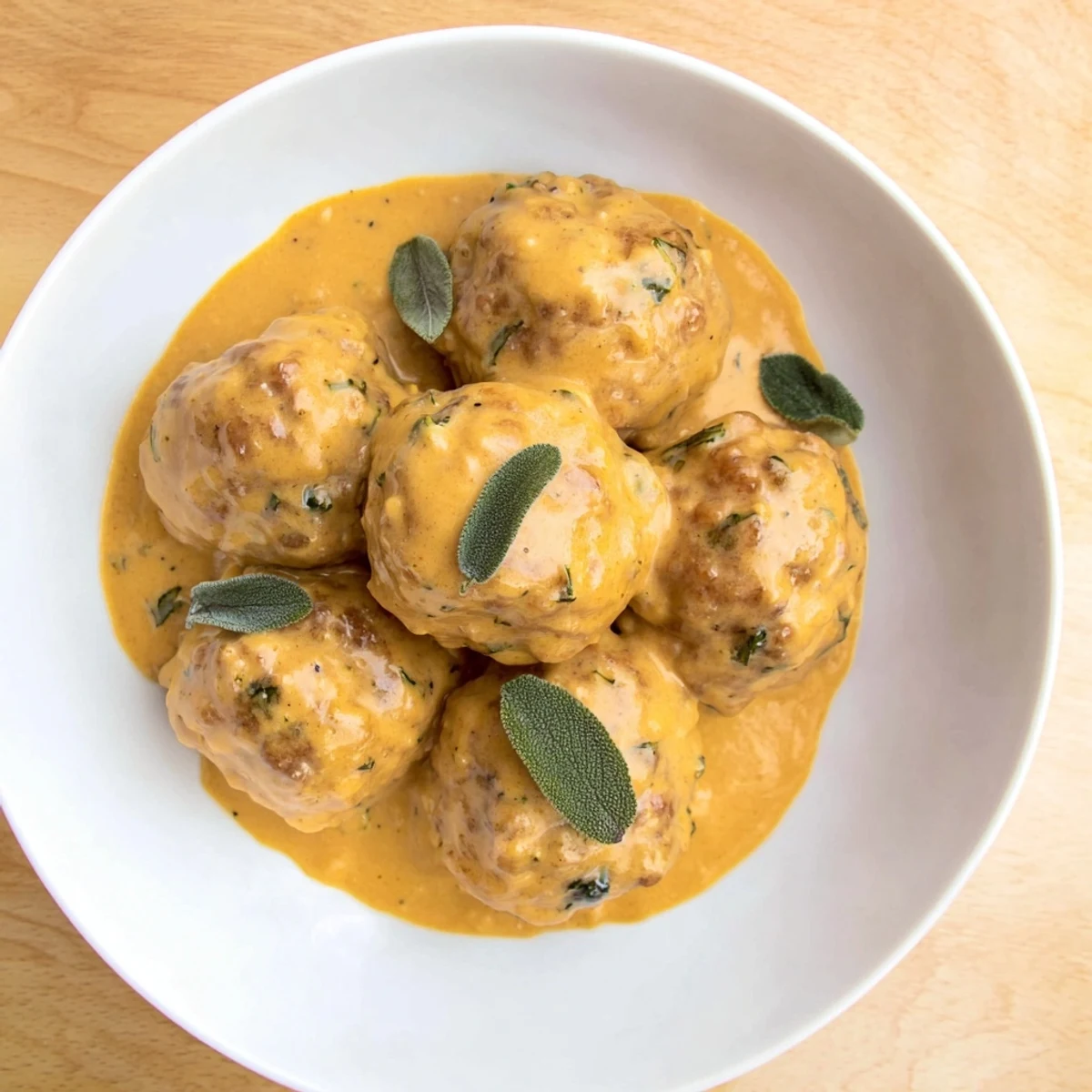 Golden-brown turkey meatballs swimming in a creamy, vibrant pumpkin sage sauce—a comforting fall recipe.