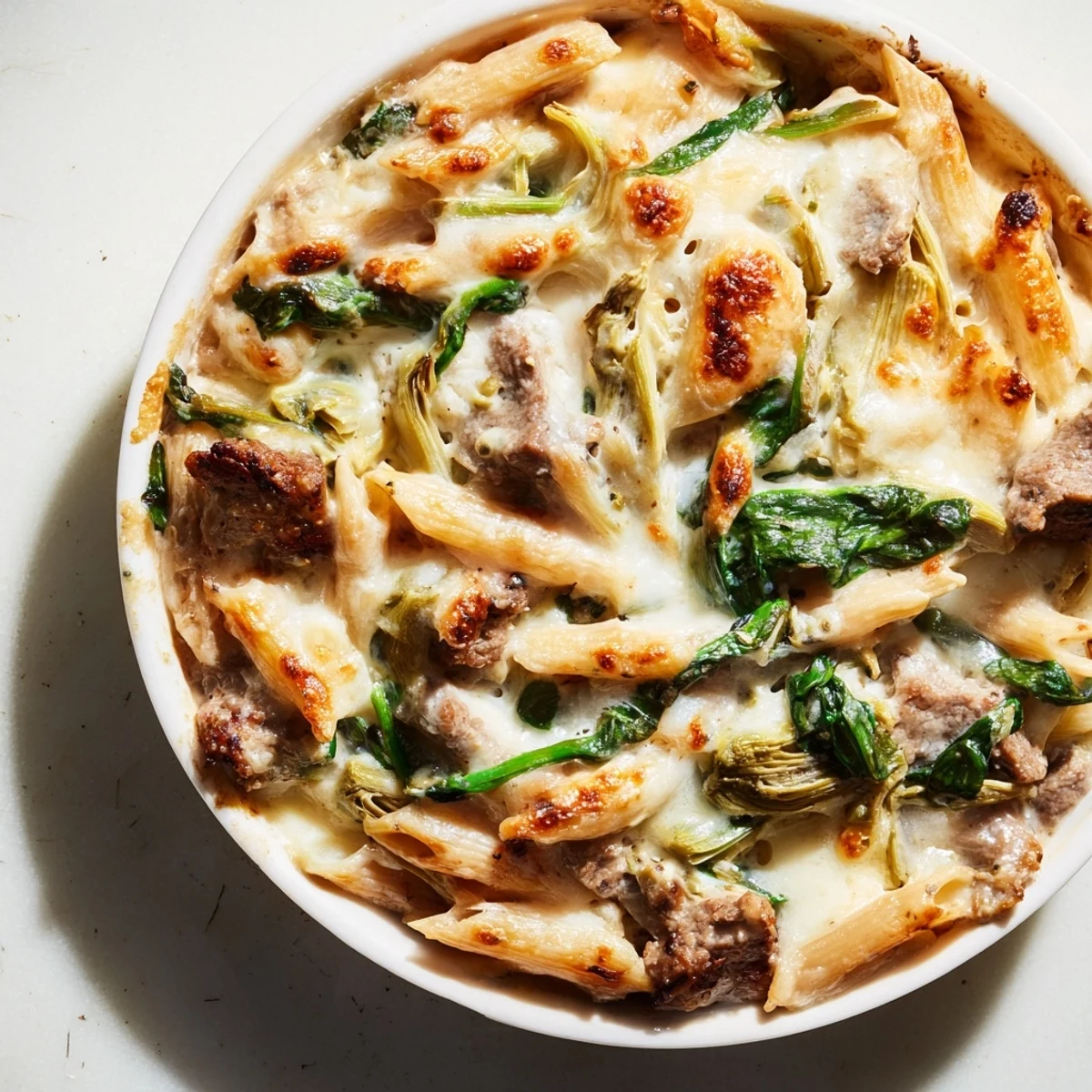 A close-up of Steak & Spinach Artichoke Pasta Bake; cheese bubbly with browned edges and creamy sauce visible.