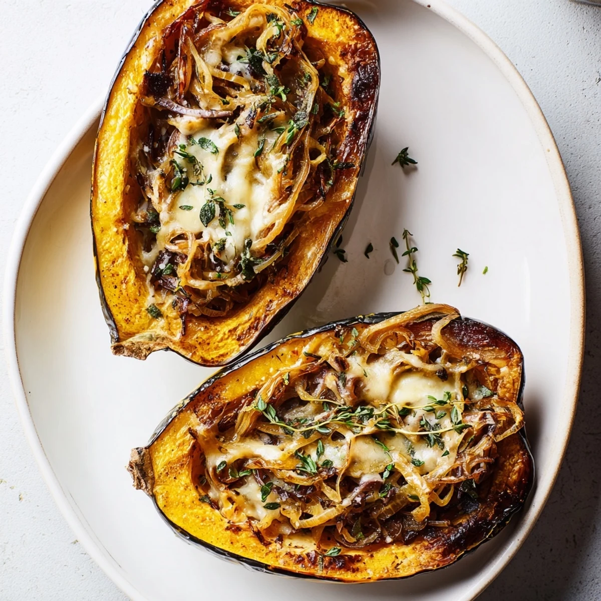A close-up view of Caramelized Onion Gruyere Squash showcasing the tender roasted acorn squash and rich filling.