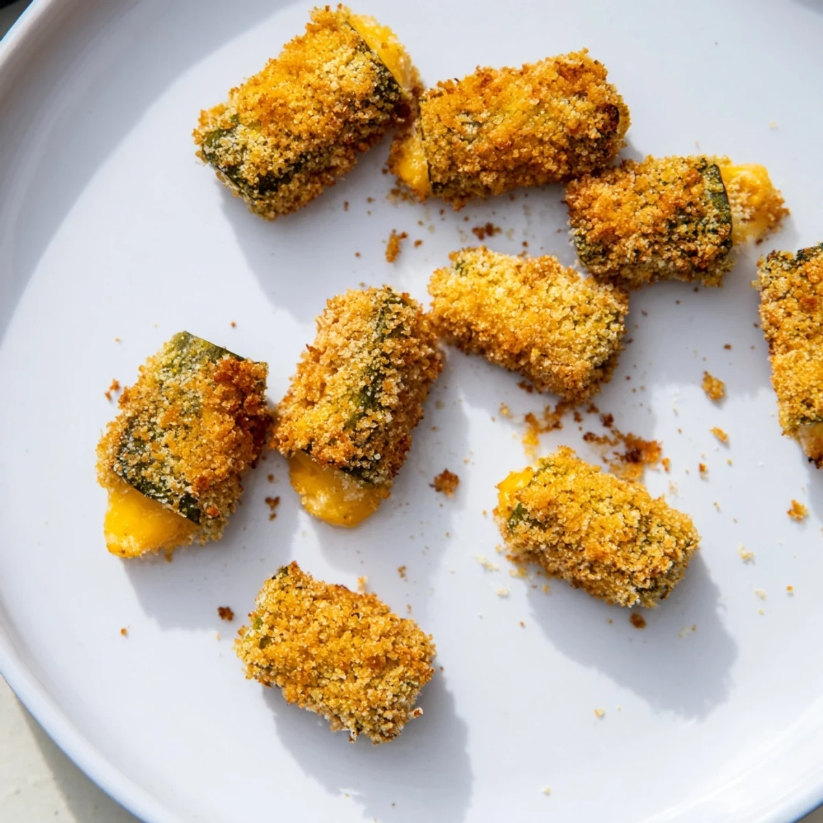 Golden brown Crispy Cheese-Wrapped Pickle Ornaments, served piping hot with a melted cheese pull.