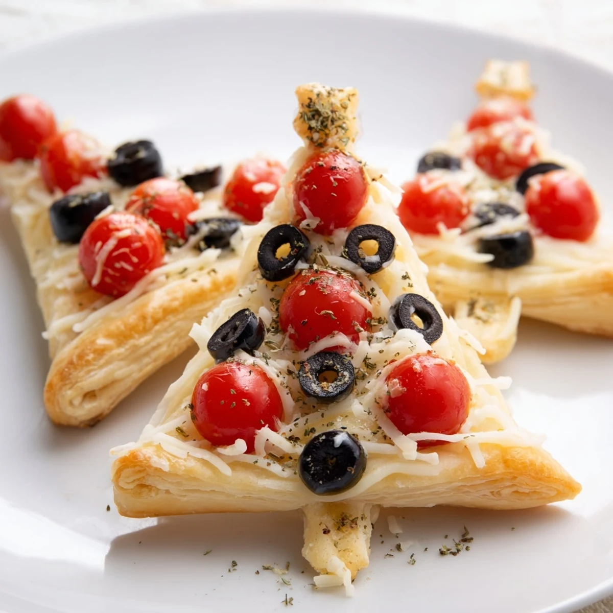 Golden, flaky Puff Pastry Christmas Tree Pizza Bites topped with melted cheese and red tomatoes.