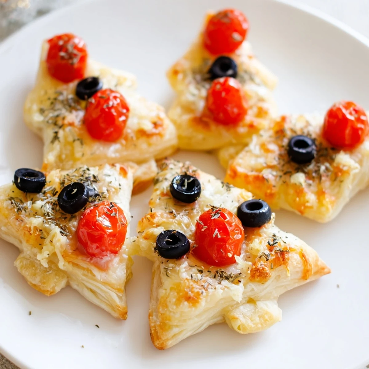 Close-up of baked golden Puff Pastry Christmas Tree Pizza Bites, ready to enjoy this Christmas season.