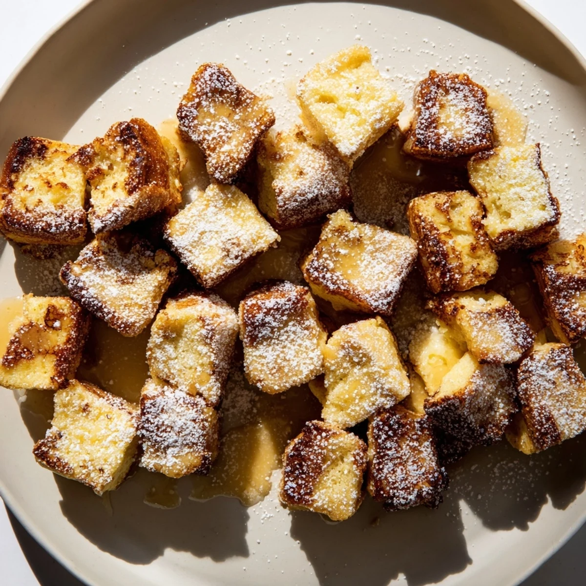 Golden, baked Mini French Toast Casserole Bites, perfect breakfast treat, dusted with powdered sugar.
