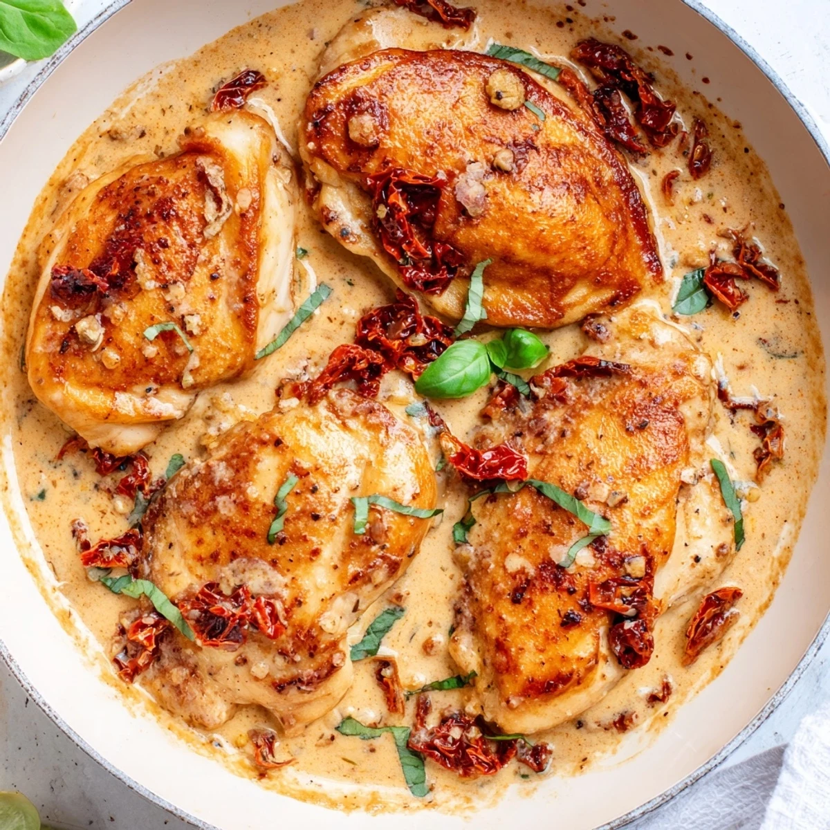 This photo shows flavorful Marry Me Chicken Thigh Express, with vibrant sun-dried tomatoes and herbs.