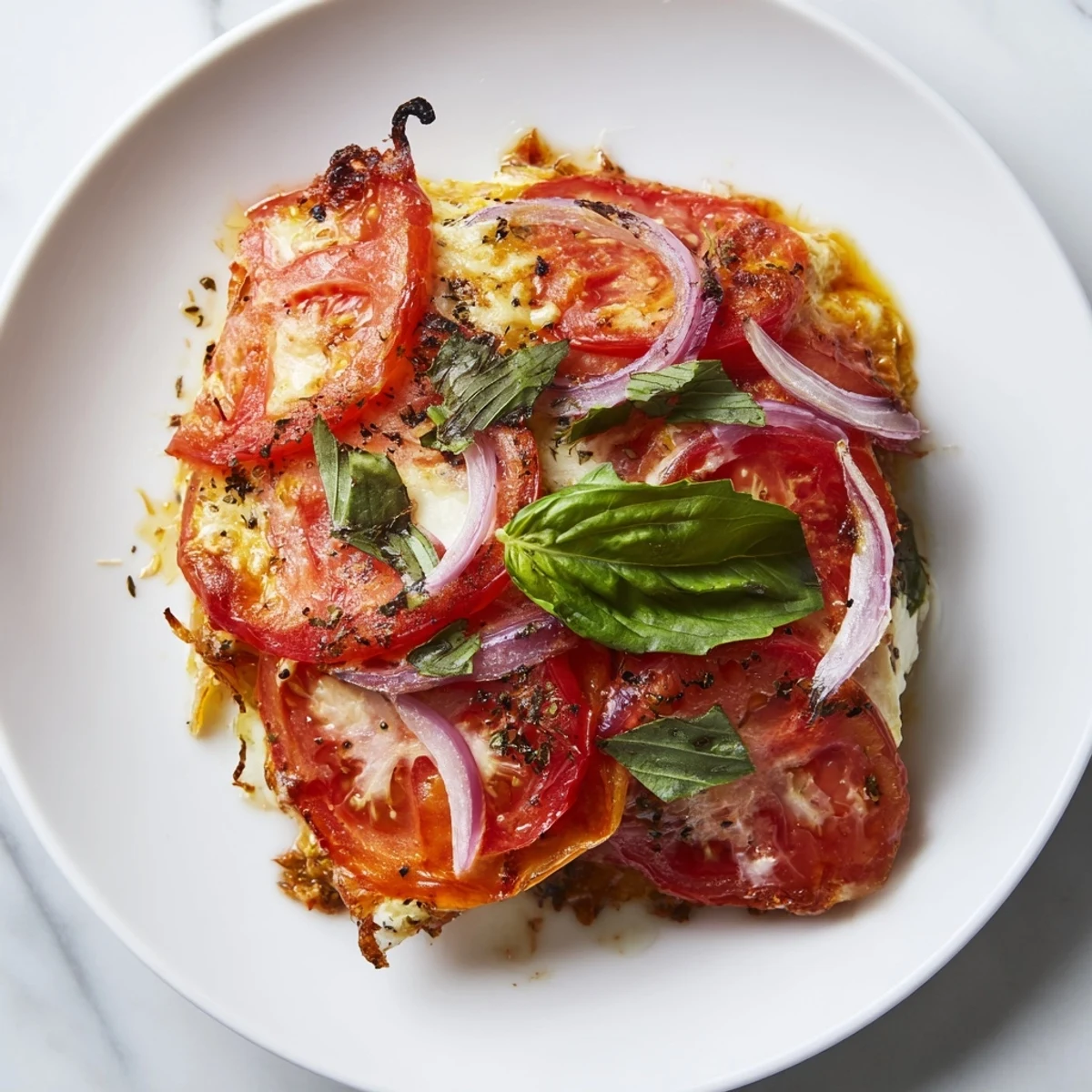 Speedy Feta-Free Tomato Bake with bubbling mozzarella, golden Parmesan, ready to serve with fresh basil.
