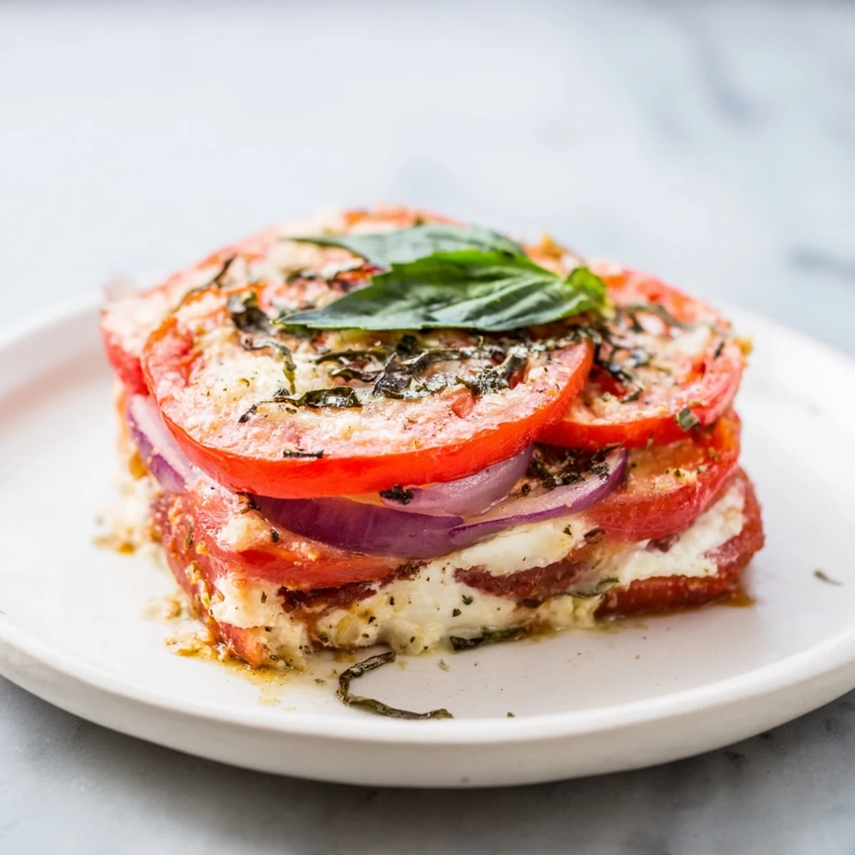 Warm and golden Speedy Feta-Free Tomato Bake, a flavorful, cheesy vegetarian side dish with herbs.