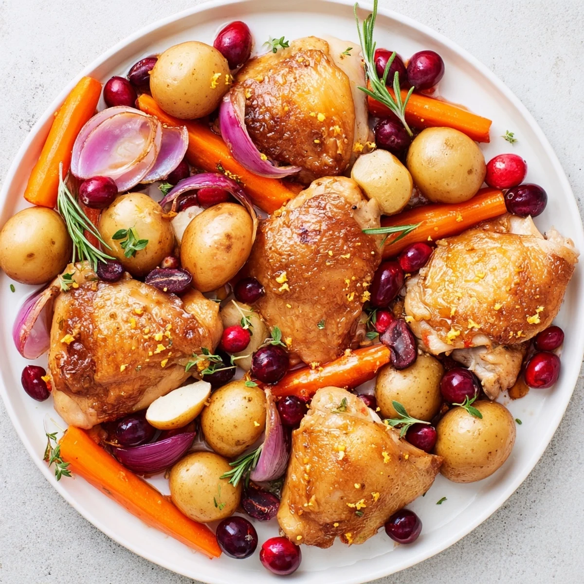 Golden-brown One-Pan Olive Oil Roast Chicken with jewel-toned cranberries, a complete, delicious dinner.