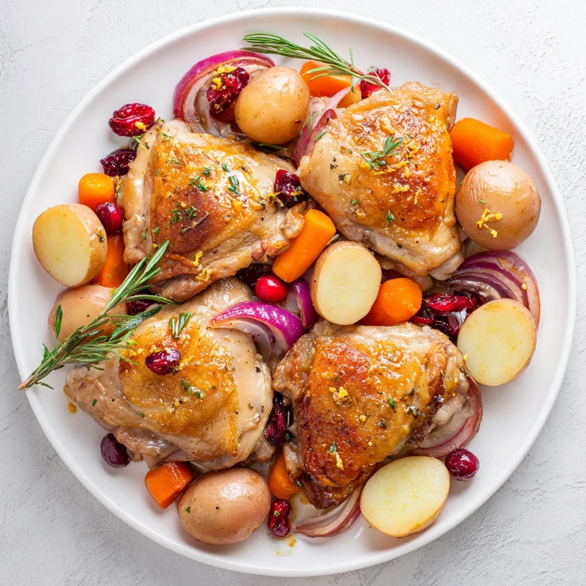 Sizzling, crispy-skinned One-Pan Olive Oil Roast Chicken, mixed with colorful roasted vegetables and sweet cranberries.