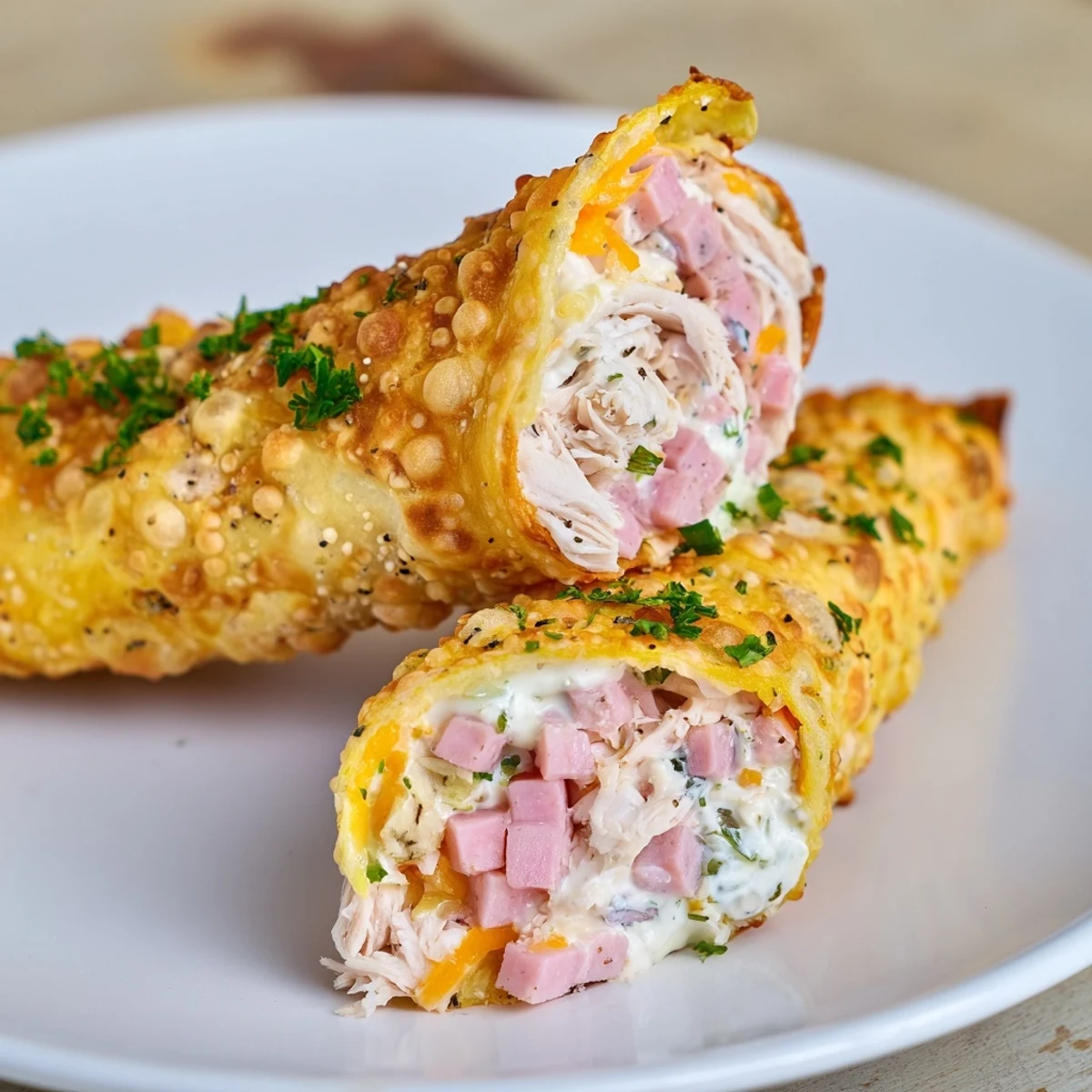 Crispy Chicken Greggs Egg Rolls, freshly fried and crispy, perfect for a quick snack or party food.