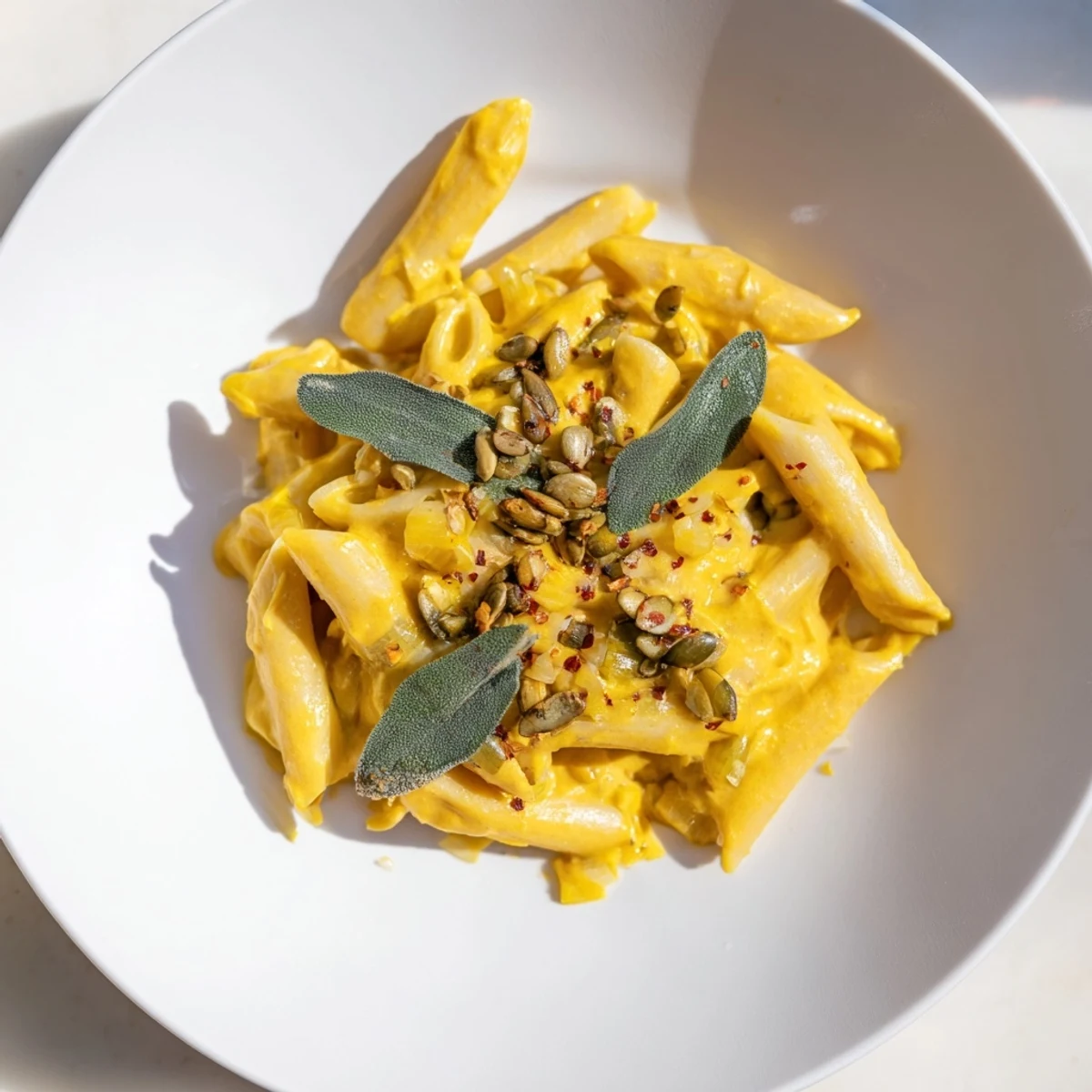 A plate of warm, comforting Vegan Creamy Pumpkin Pasta with a rich, delicious sauce and herbs.