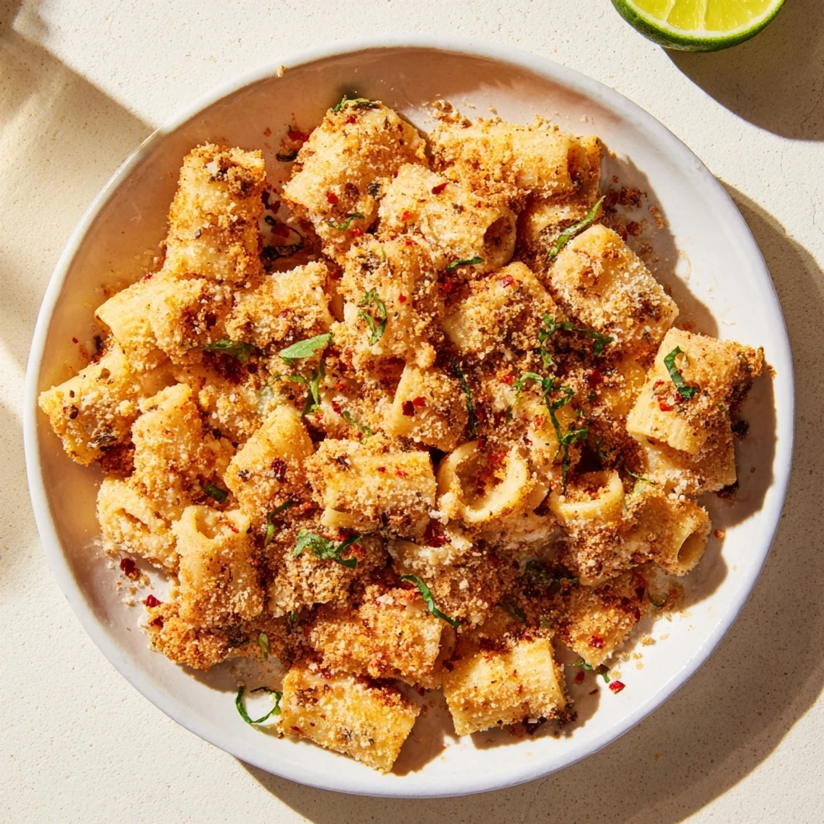 A close-up of oven-baked Spicy Lemon-Parmesan Pasta Chips, perfectly seasoned with Parmesan cheese.