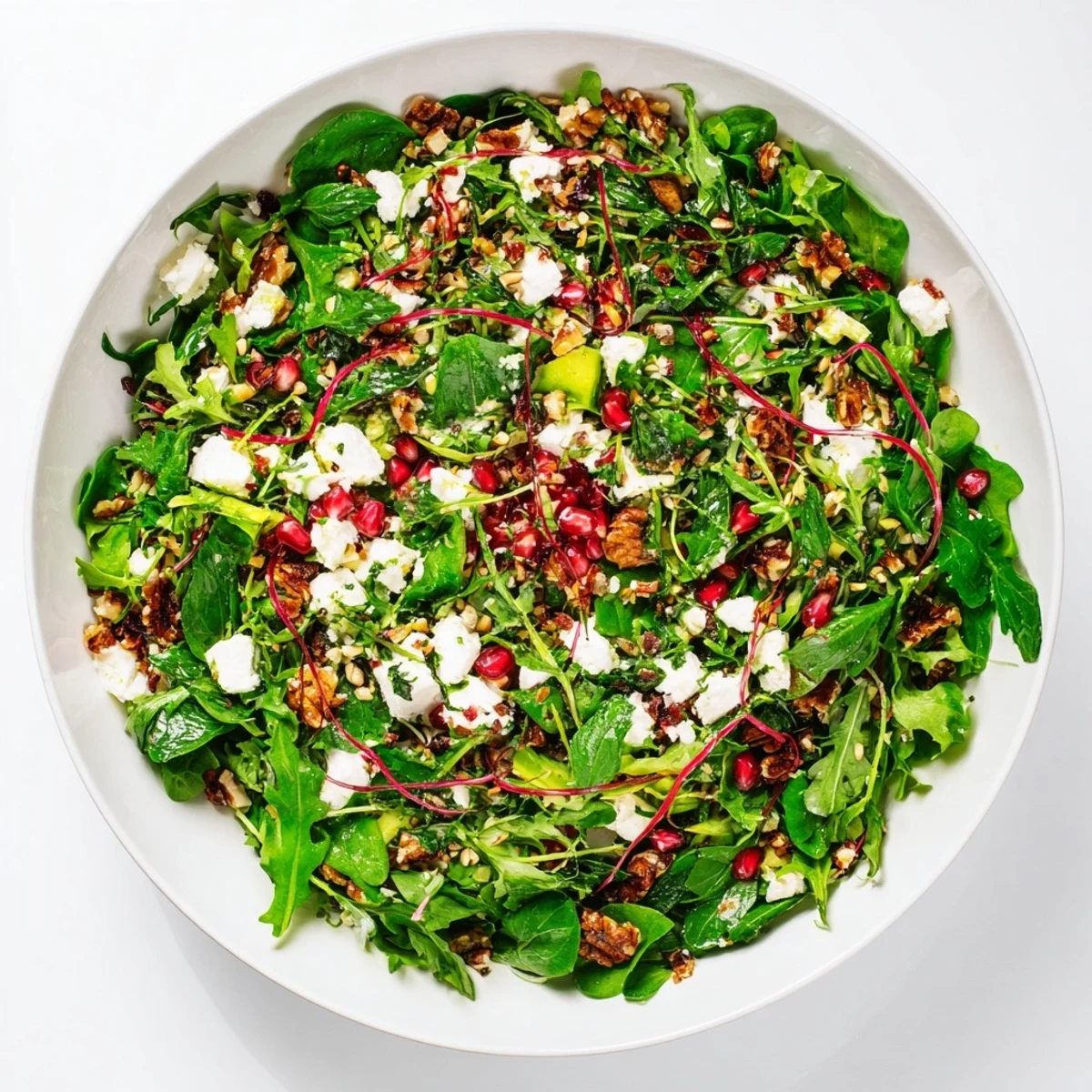 Festive Pomegranate Feta Wreath Salad with vibrant red pomegranate seeds and creamy feta.