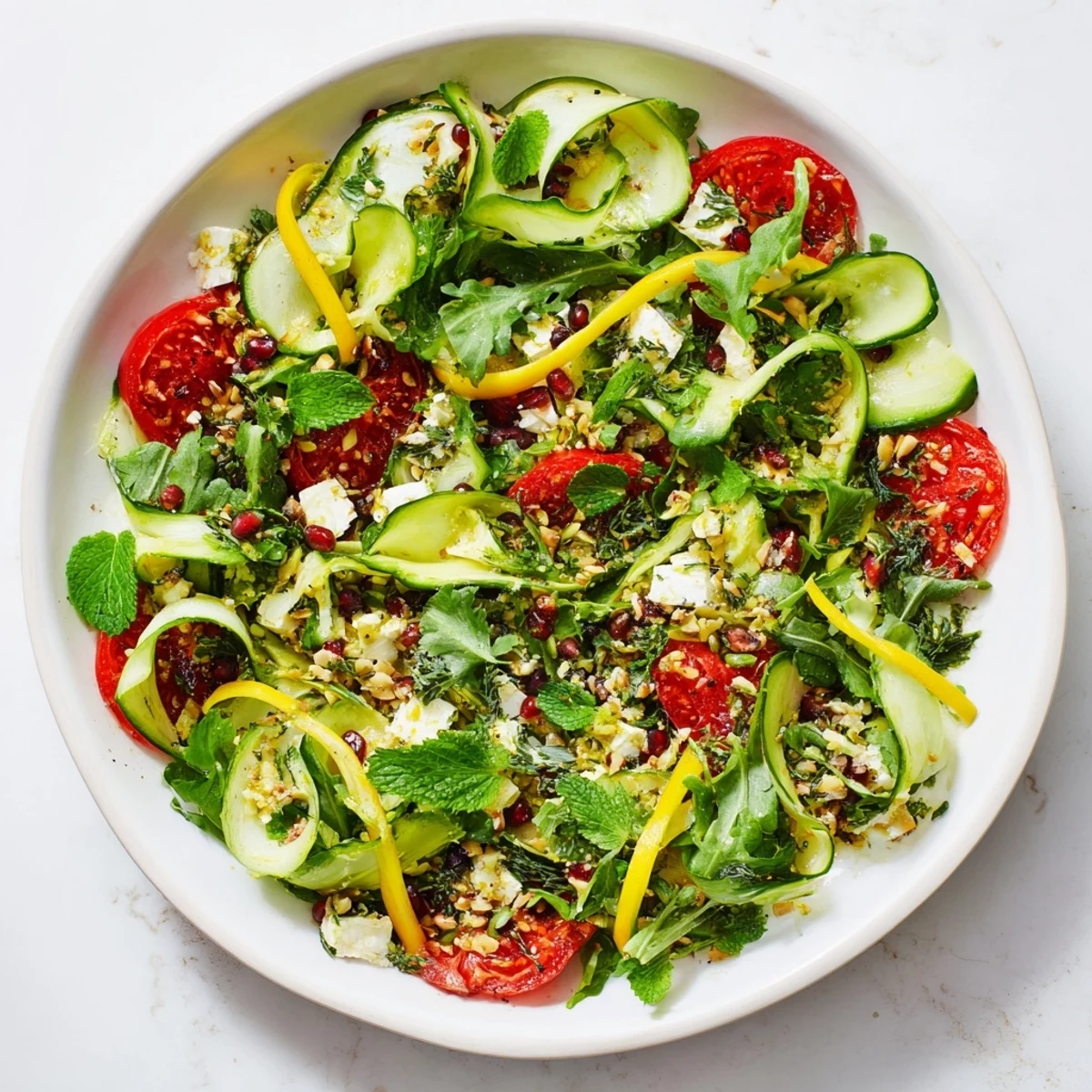 Freshly tossed Pomegranate Feta Wreath Salad, a stunning vegetarian appetizer for any holiday gathering.