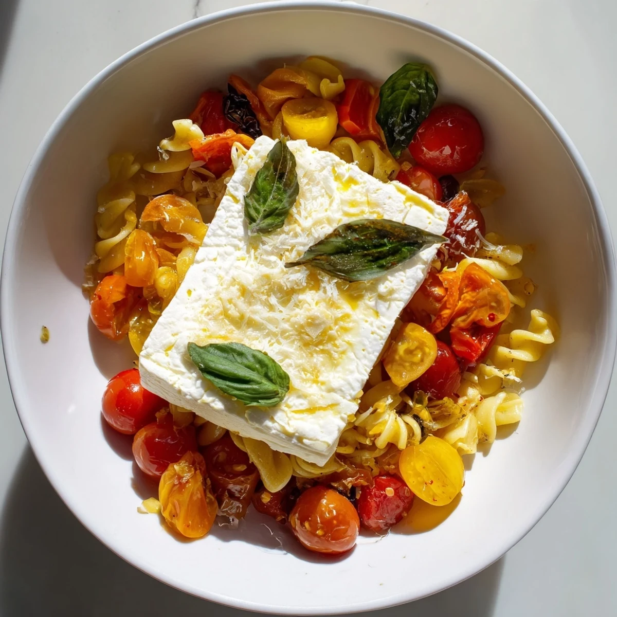 Baked Feta Snowfall Cherry Tomato Christmas Pasta: a vibrant image of creamy, cheesy pasta with roasted tomatoes.