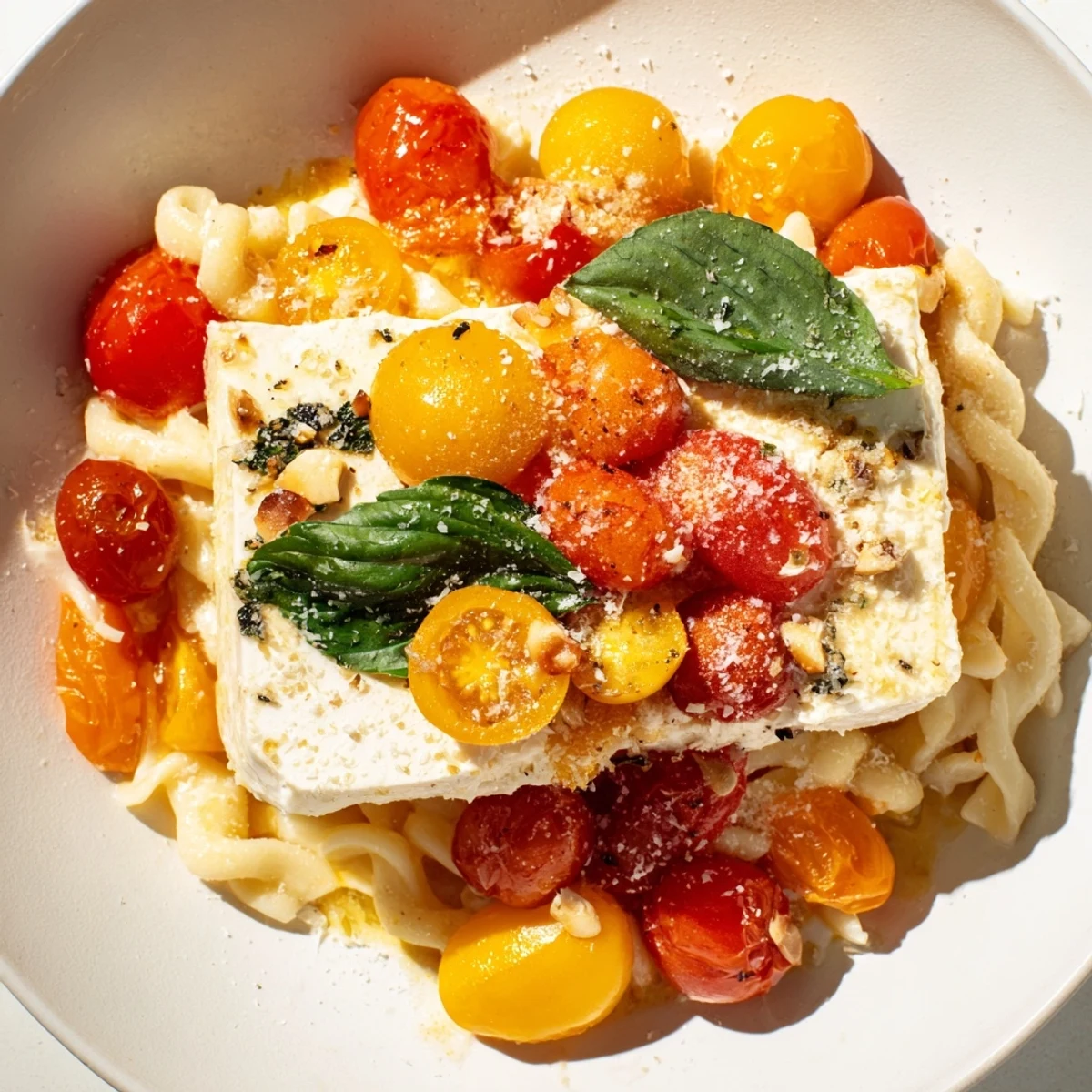 Golden baked feta melting with sweet cherry tomatoes, tossed with pasta—a perfect Christmas pasta dish.