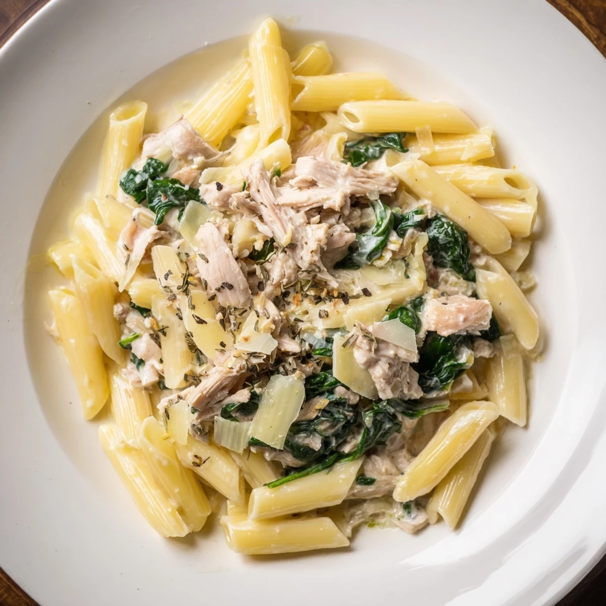 One-Pot Creamy Spinach & Turkey Christmas Pasta, a perfect holiday comfort food, ready to eat.