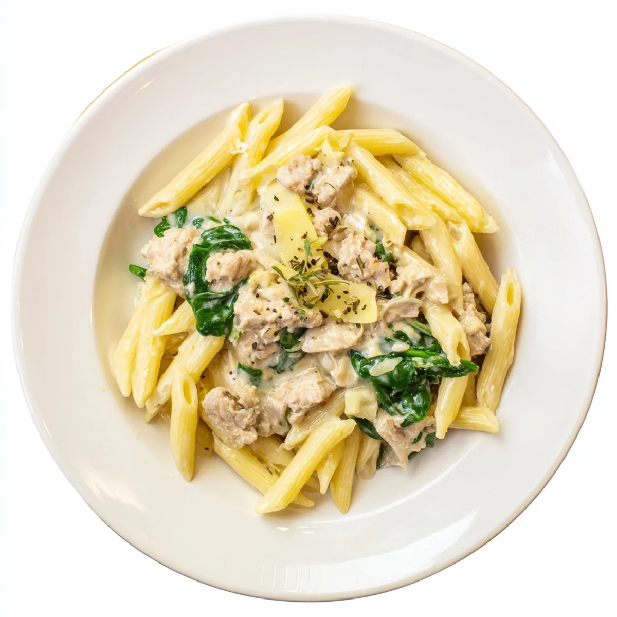 Golden, creamy One-Pot Creamy Spinach & Turkey Christmas Pasta with fluffy turkey and fresh green spinach.