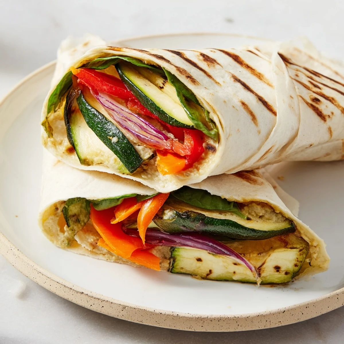 Snowflake Hummus & Roasted Veggie Wrap showing colorful veggies folded into a neat, delicious wrap.
