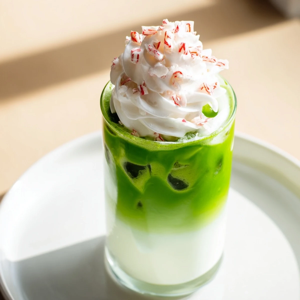 A layered Sugar-Free White Chocolate Candy Cane Iced Matcha with white chocolate swirls and crushed candy.