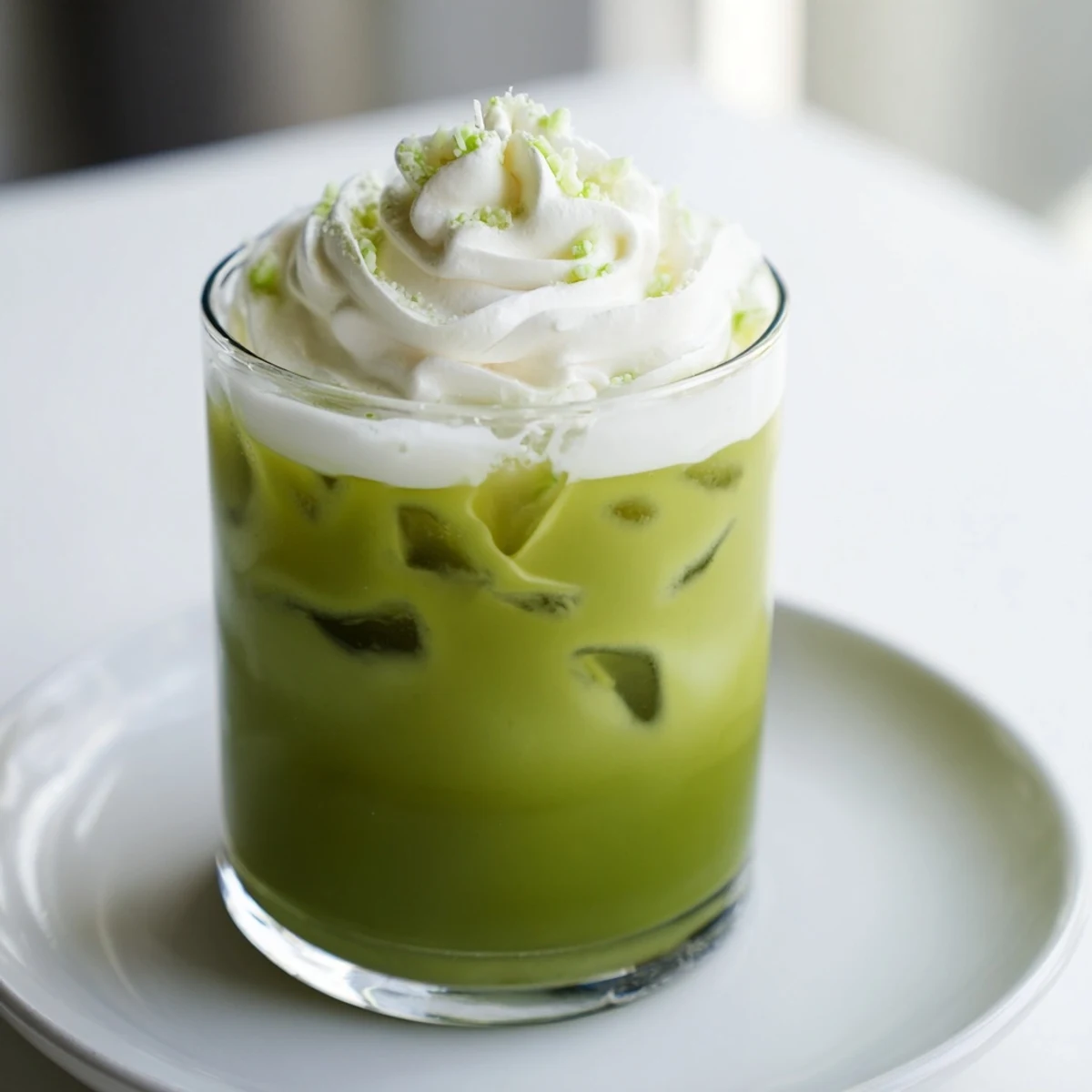 Icy cold Sugar-Free White Chocolate Candy Cane Iced Matcha, perfect for a refreshing holiday treat.