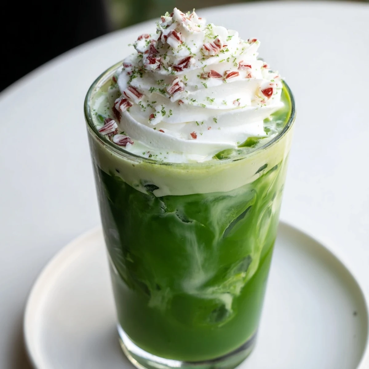 Vibrant green matcha beautifully layered with white chocolate in the festive Sugar-Free White Chocolate Candy Cane Iced Matcha.