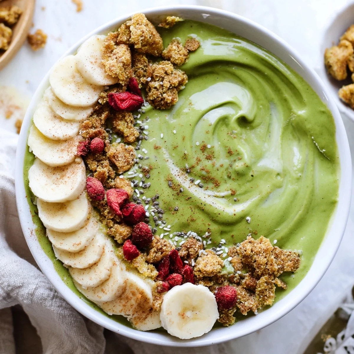 Gingerbread Cookie Matcha Breakfast Smoothie Bowl, beautifully arranged with granola and candied ginger, ready to eat.