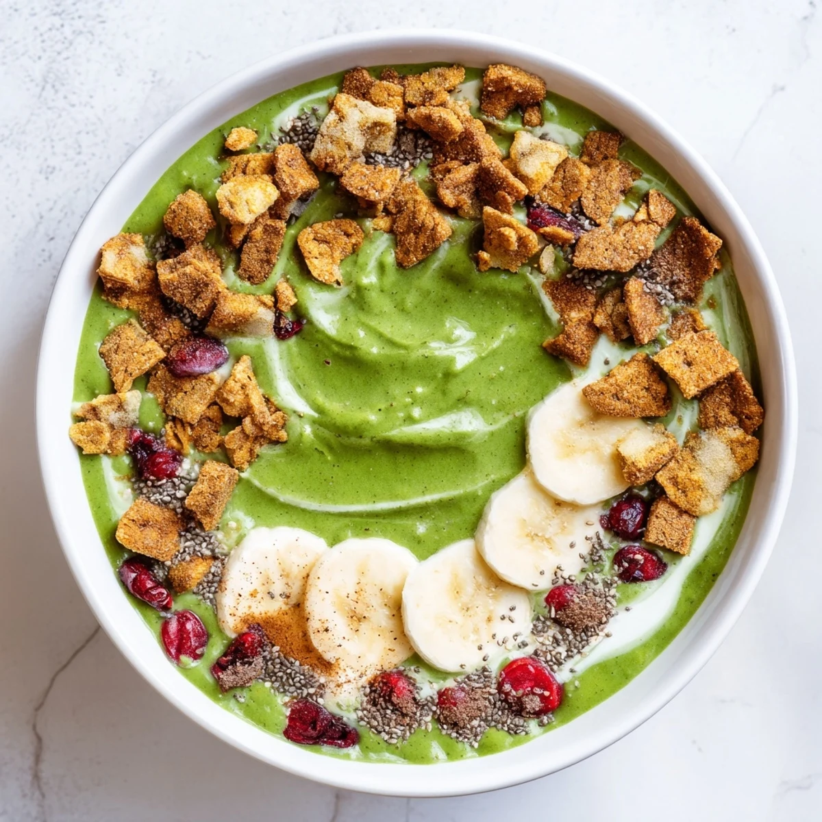 Creamy, green Gingerbread Cookie Matcha Breakfast Smoothie Bowl, a breakfast masterpiece with a delicious spiced flavor.