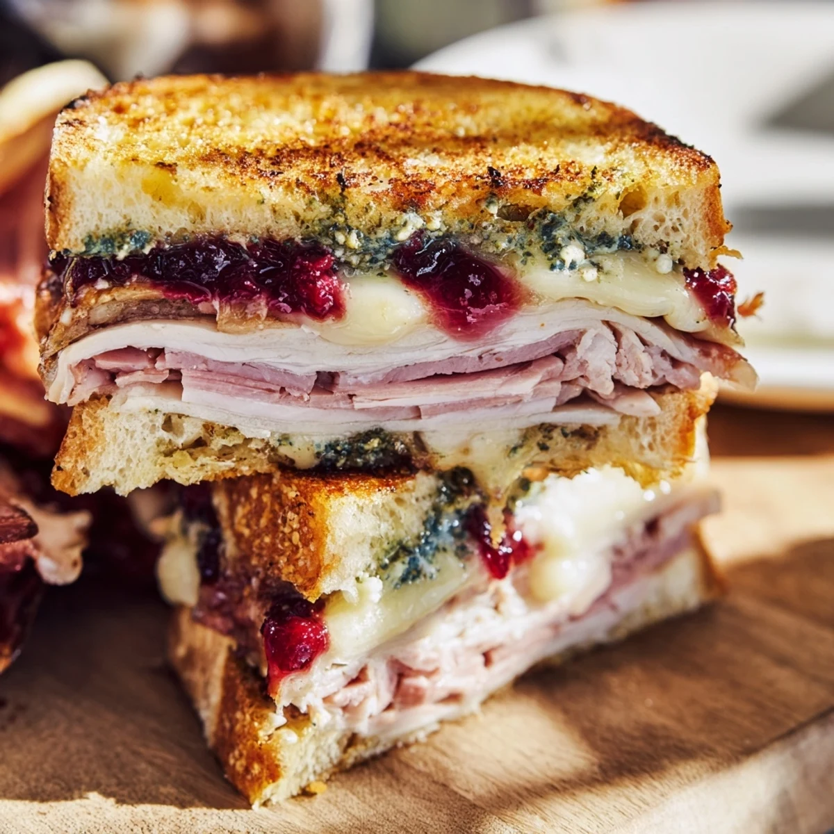 Golden crust cradles a Pesto Cranberry Turkey Grilled Cheese Melt, oozing melted cheese and savory turkey slices.
