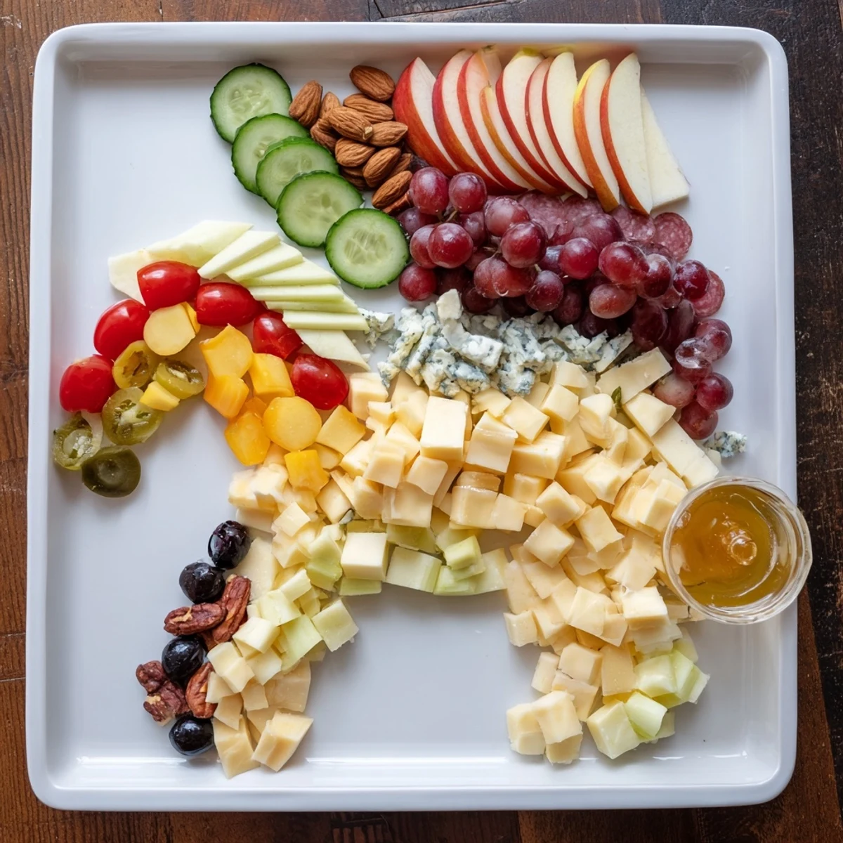 Delicious Horse-Shaped Grazing Board featuring assorted cheeses, salami, and grapes arranged creatively for a party.