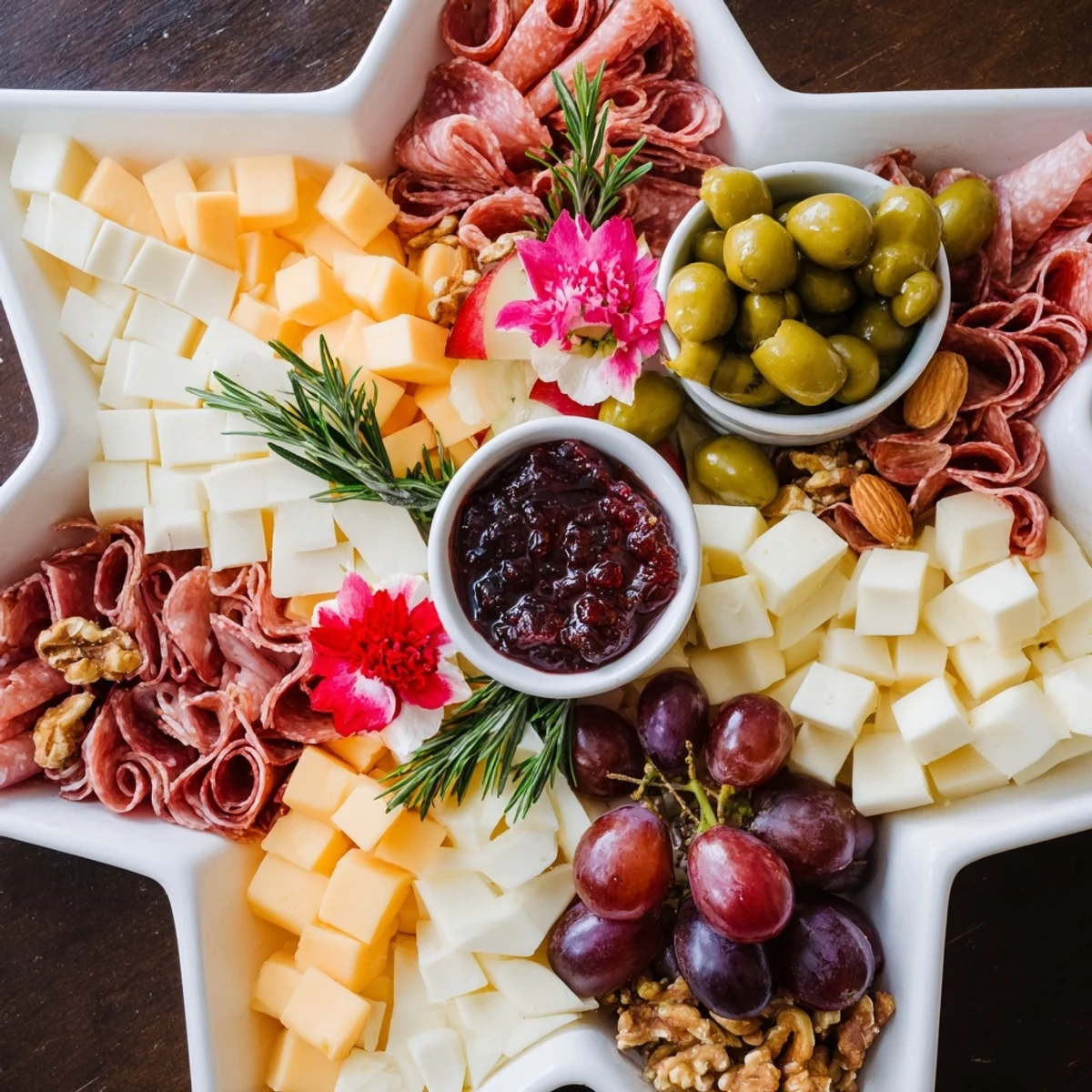 Star-Shaped Appetizer Board bursting with colorful fruits, aged cheeses, and savory charcuterie, ready to enjoy.
