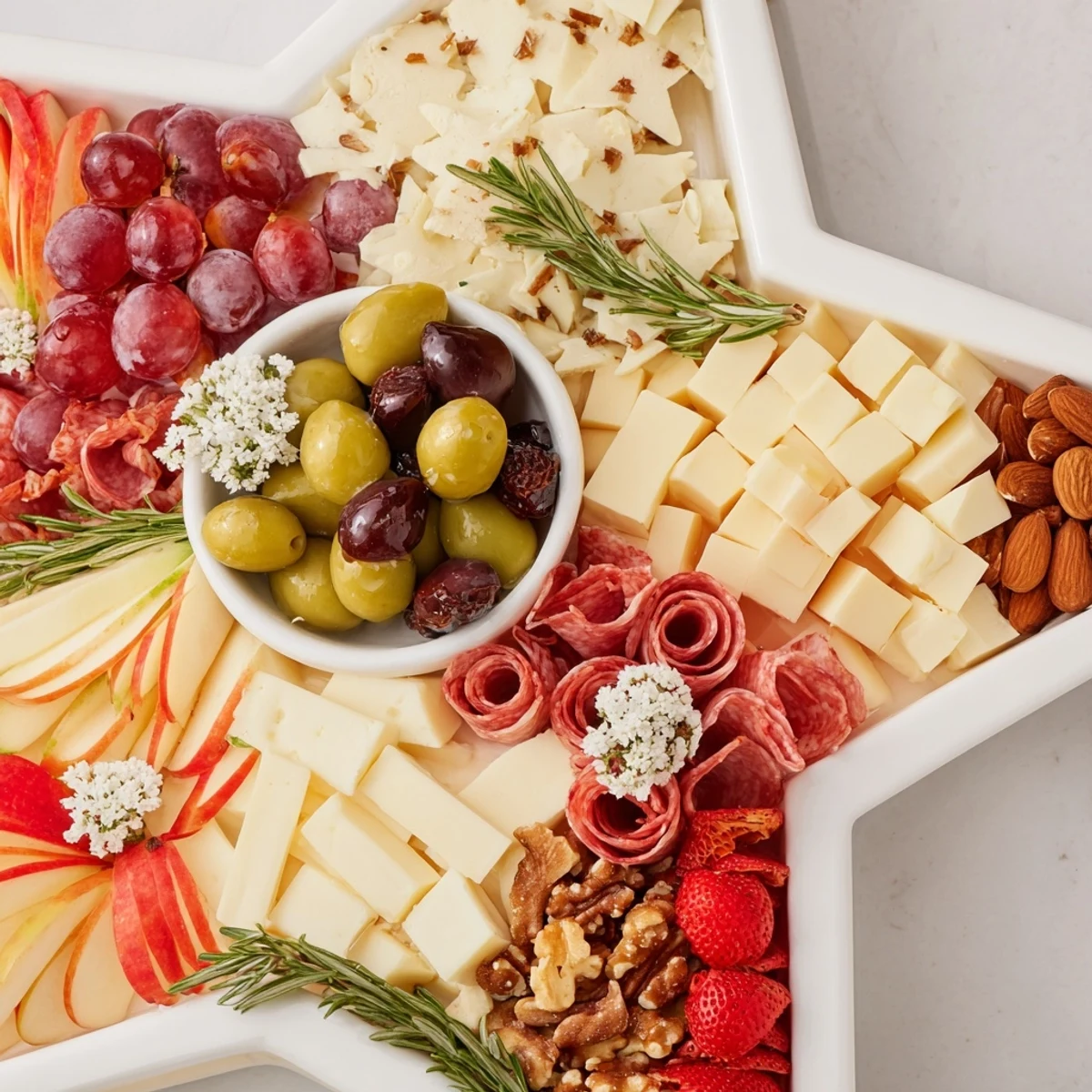 Beautifully arranged Star-Shaped Appetizer Board; imagine creamy Brie, salty prosciutto, and crunchy nuts.