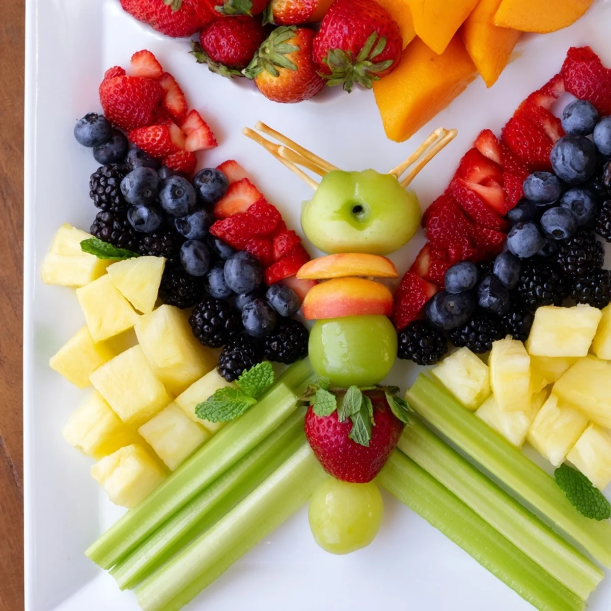 Vibrant butterfly fruit tray with grapes, blueberries, and healthy fruit pieces, ready to serve.