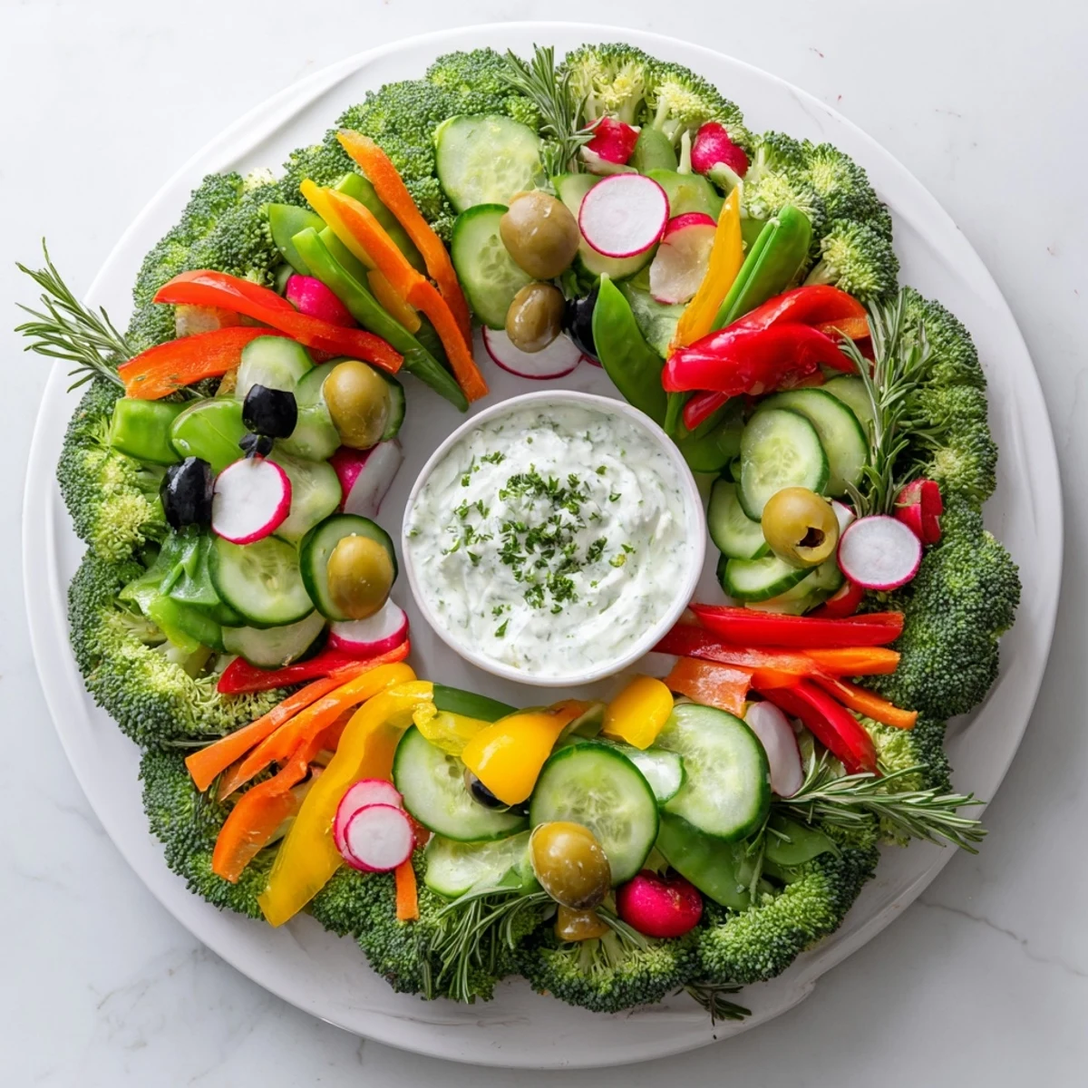 Festive wreath veggie dip platter with colorful vegetables, served with creamy ranch dip for sharing.