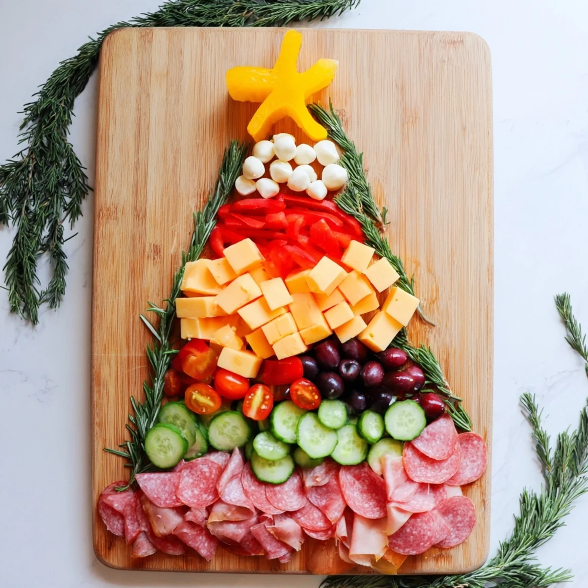 Christmas Tree Snack Board laden with cheeses, meats, and vibrant fruits, perfect for holiday entertaining.