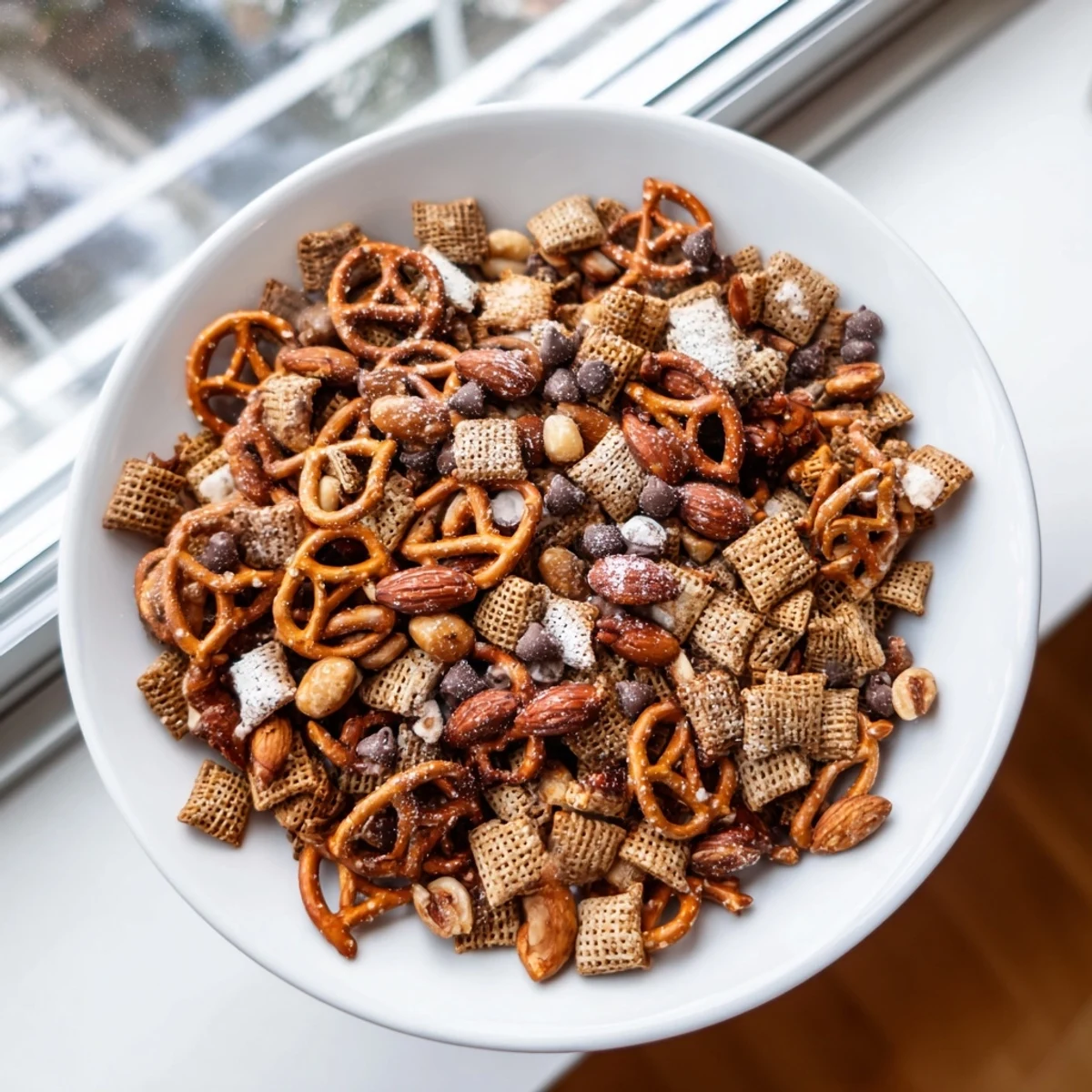 Golden-brown Festive Pine Cone Snack Mix drizzled with melted caramel and chocolate chips.