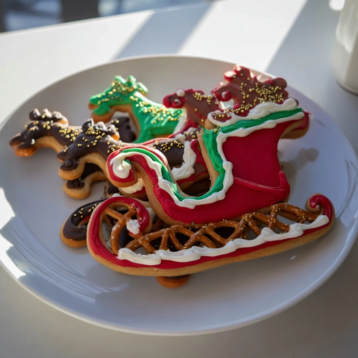 A close-up of a Santas Sleigh Cookie Display reveals meticulously iced sugar cookies ready to delight.