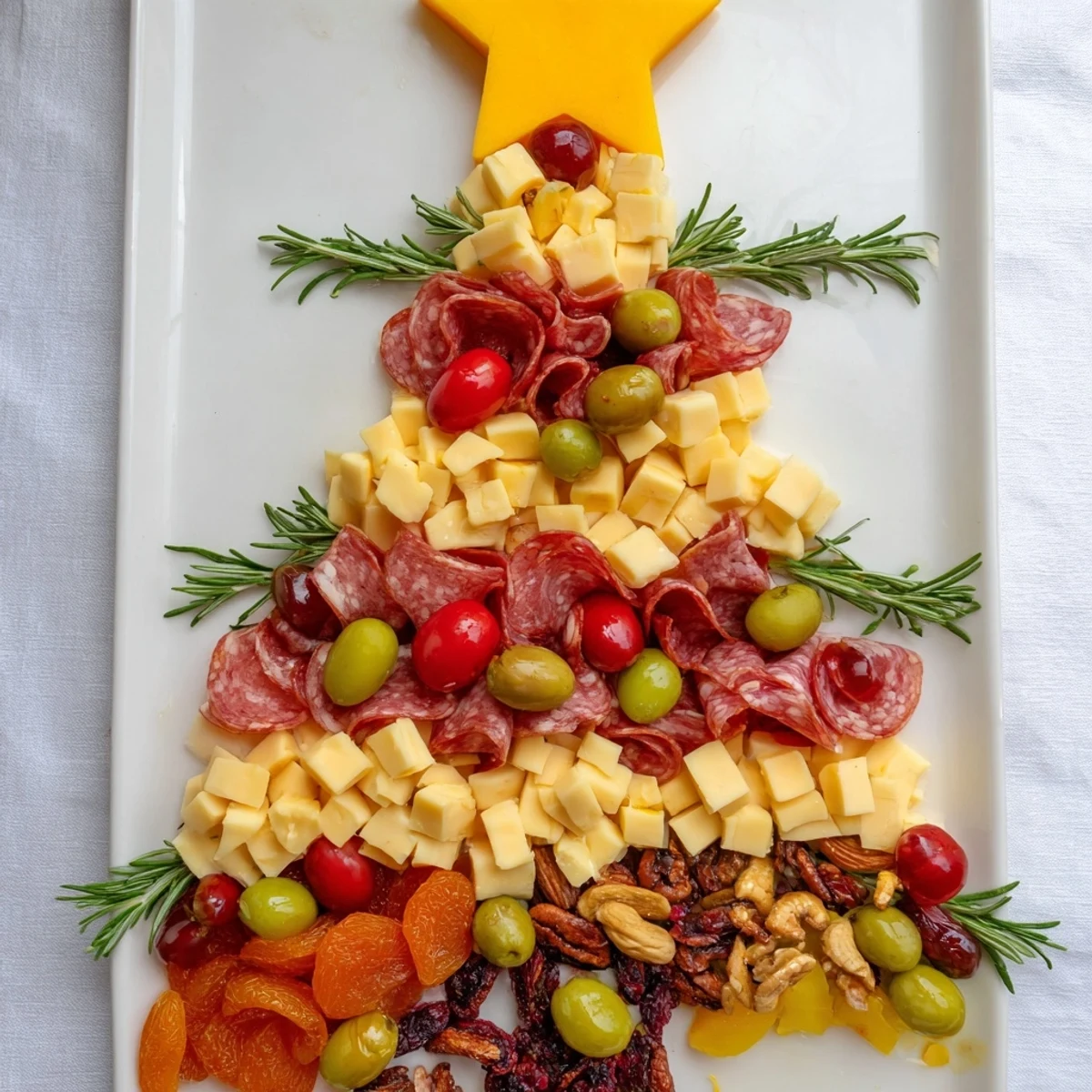 A Christmas Tree Charcuterie Dream sparkles with colorful cheeses, meats, fruits, and olives arranged artfully.