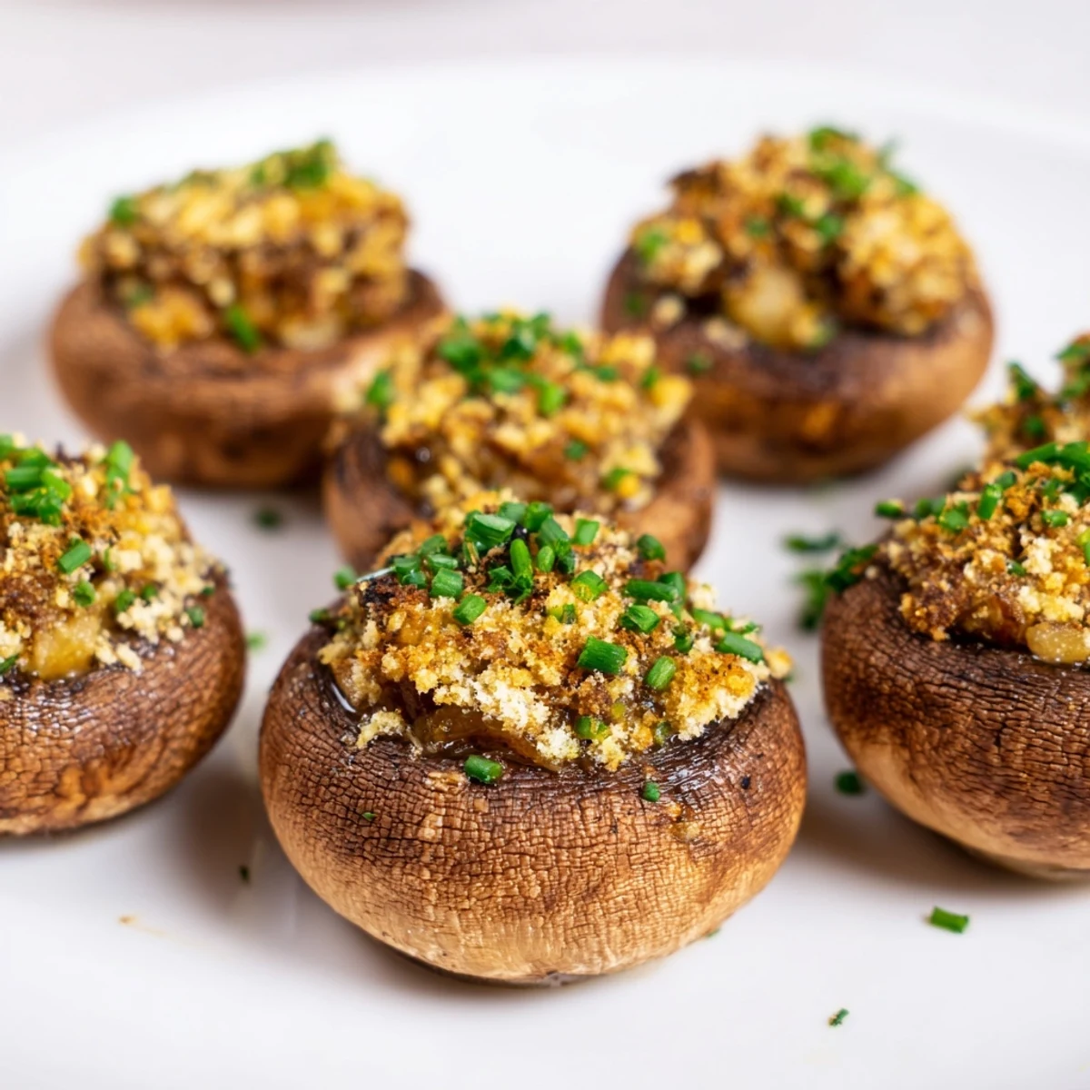 A close-up view of appetizing Enchanted Forest Mushroom Nibbles, featuring savory, stuffed mushrooms ready to eat.