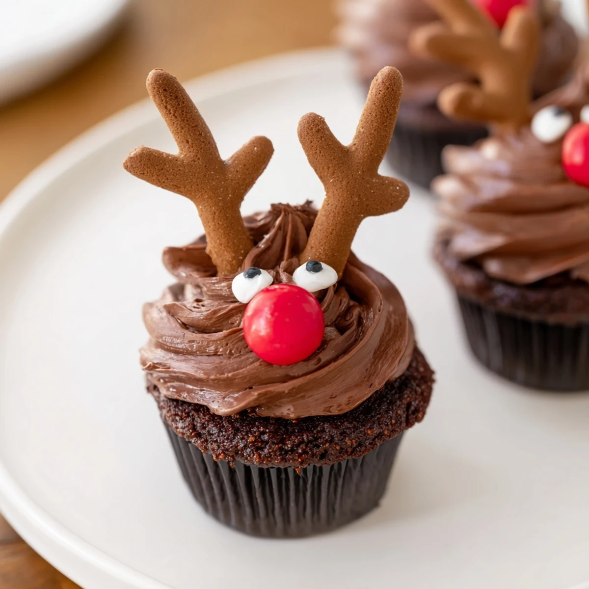 Festive Reindeer Holiday Dessert Platter featuring chocolate cupcakes with gingerbread antlers and a cranberry mousse.