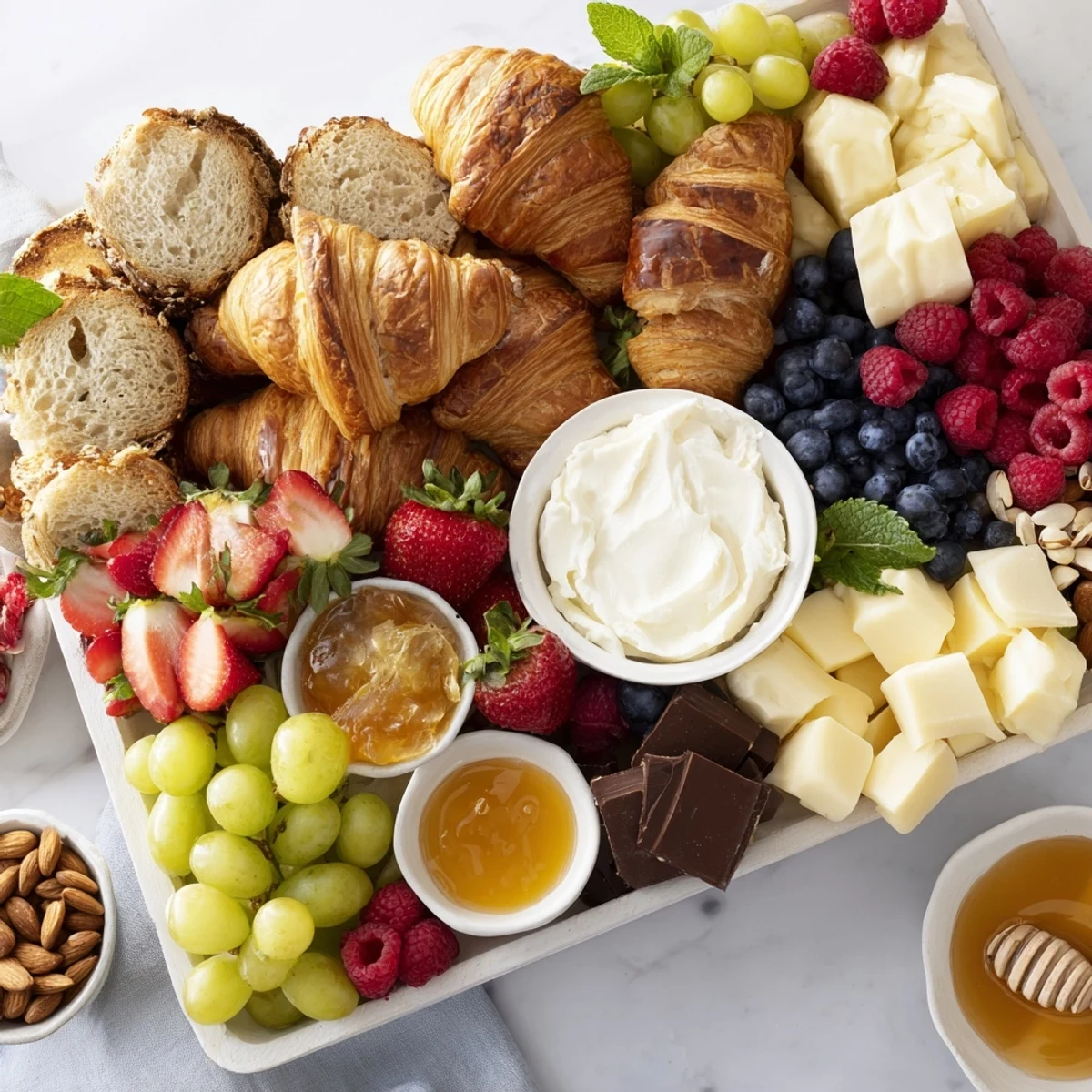 Gift Box Brunch Board overflowing with fresh fruit, cheeses, and mini croissants, ready to share.