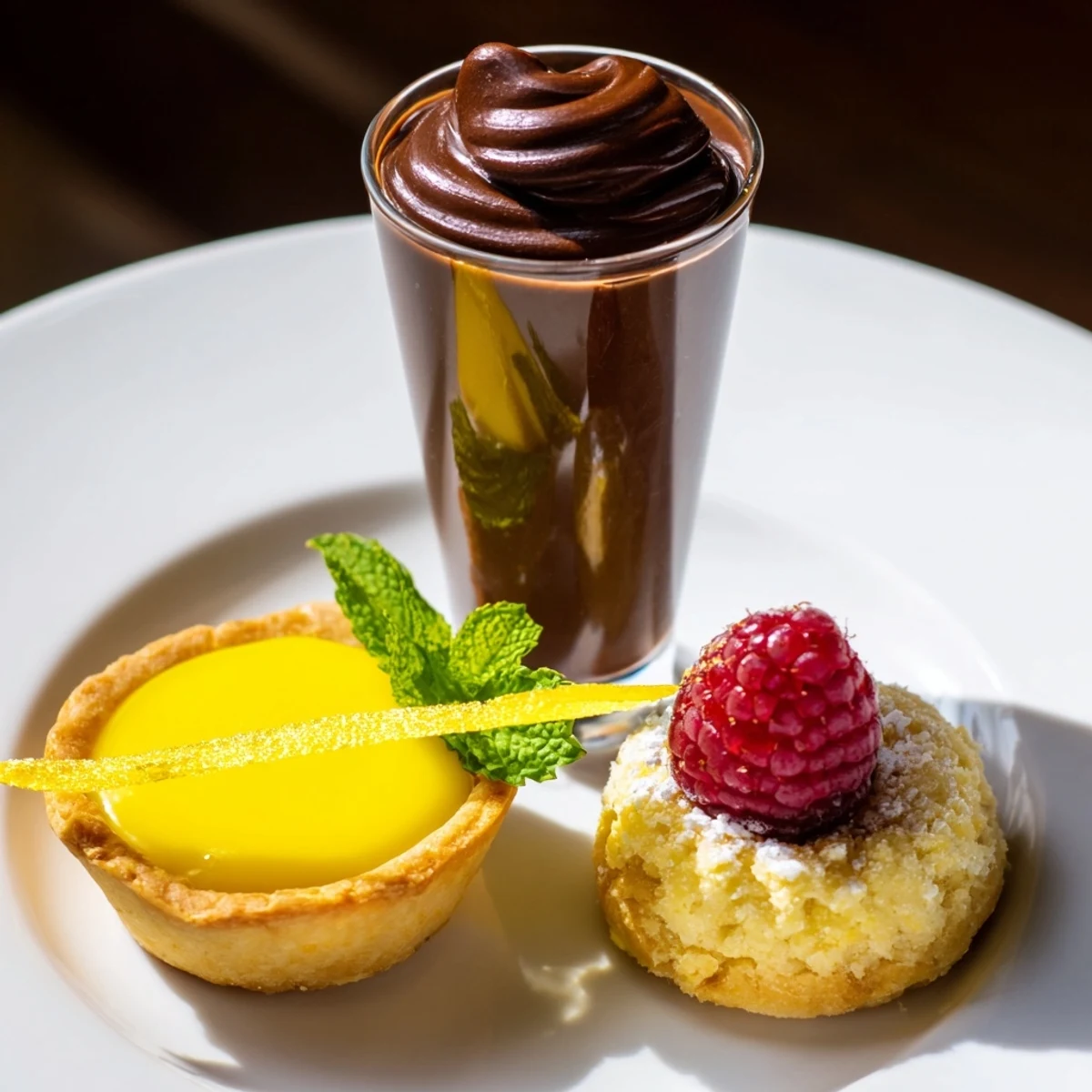 A beautifully arranged Assiette de Desserts Starry Delight features tiny chocolate mousse with gold dust.
