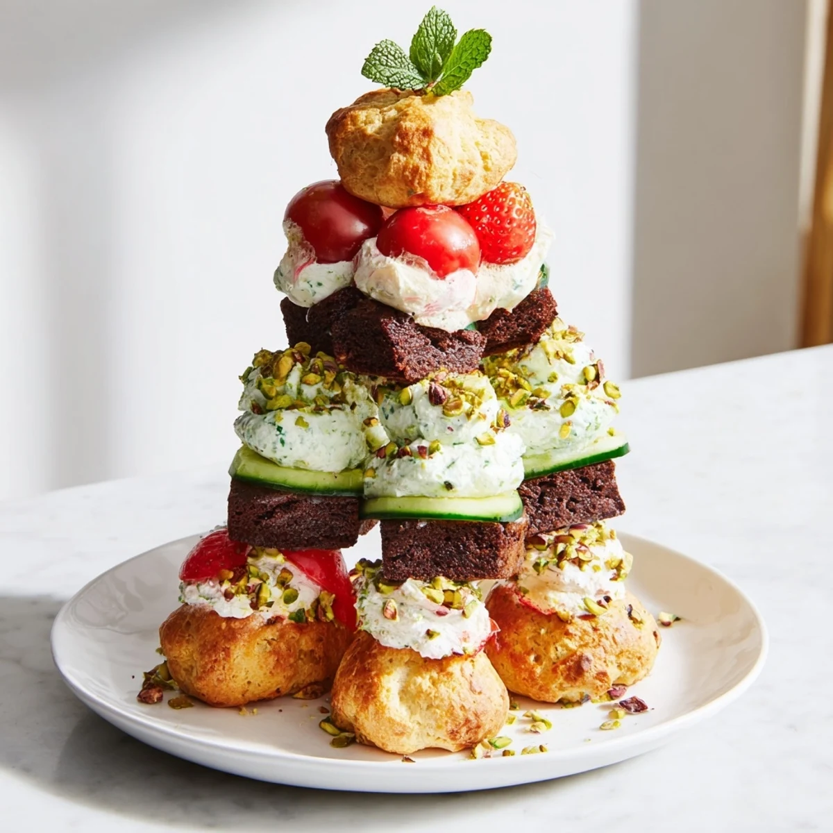 A delightful Tour dÉléphant Goûter Gourmand snack tower, with alternating sweet and savory bites.