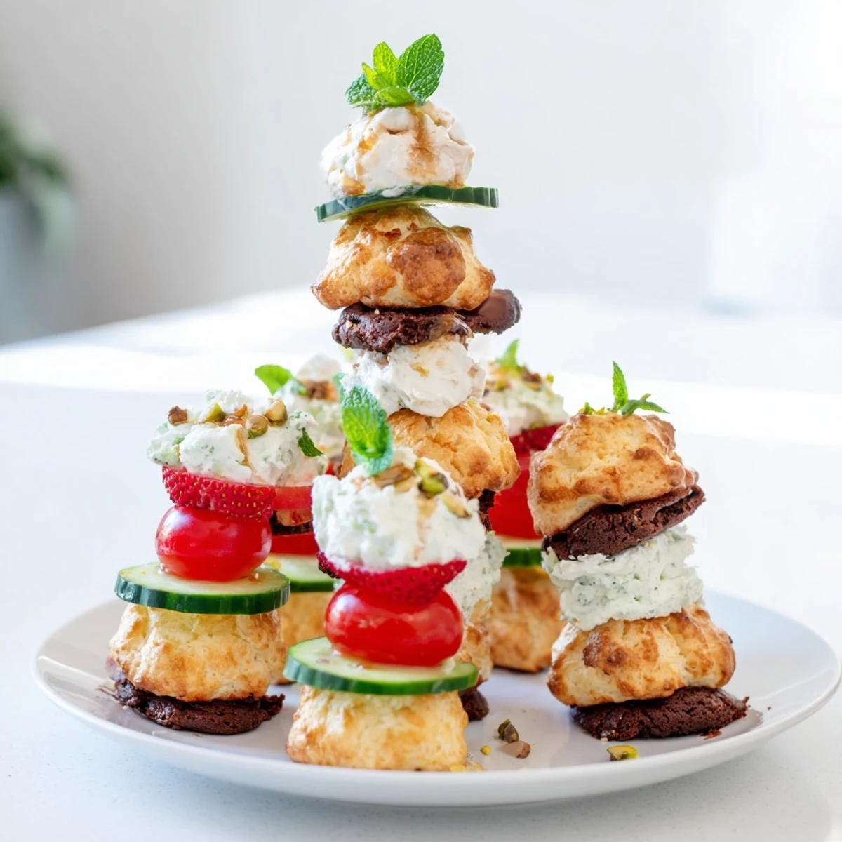 The layered Tour dÉléphant Goûter Gourmand features tiny treats, drizzled honey, and fresh mint on top.