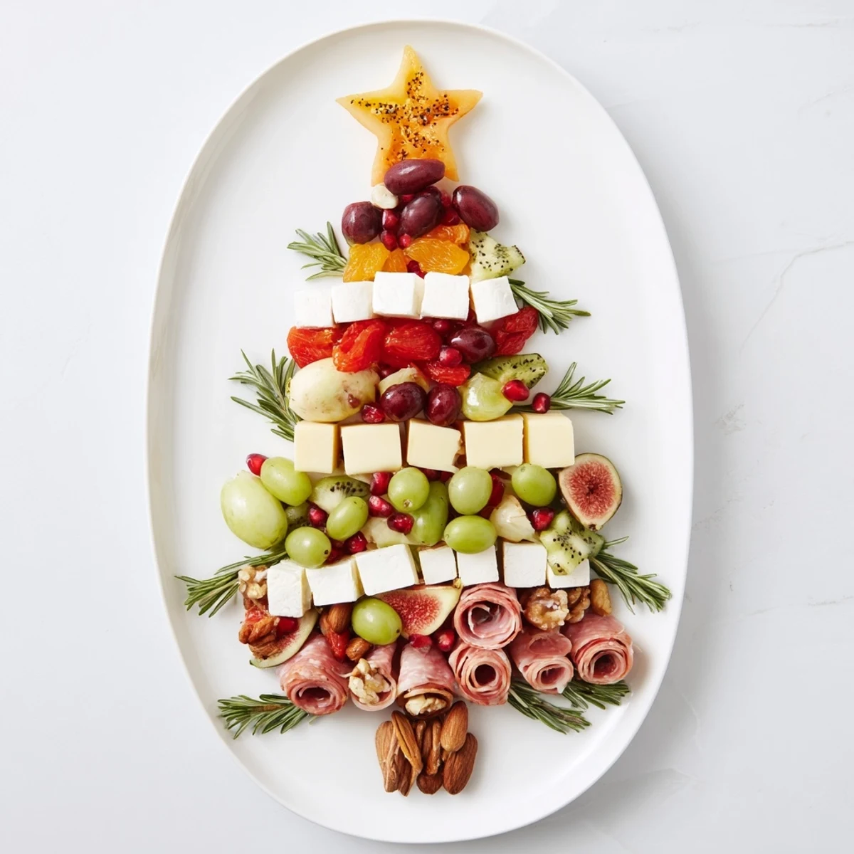 Festive Holiday Tree Appetizer Platter arranged with colorful cheeses and fruits, ready to serve and enjoy.