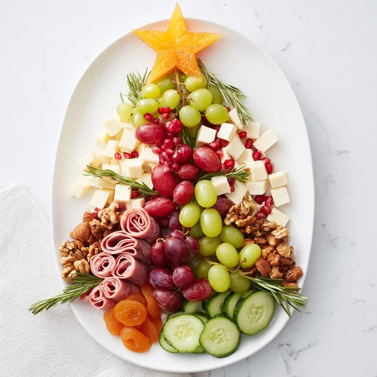 A beautiful Festive Holiday Tree Appetizer Platter with an array of cheeses, meats, and fresh garnishes to savor.