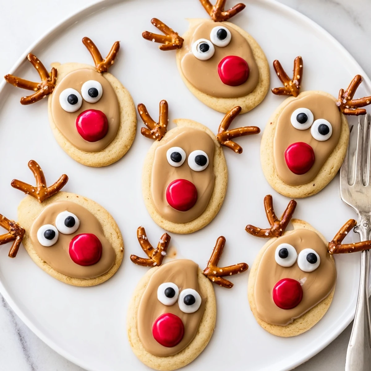 A platter of festive Santa's Reindeer Cookies, decorated with sweet icing and pretzel antlers.